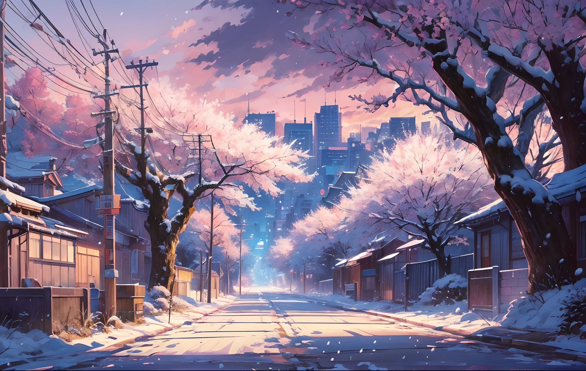 masterpiece, concept art, wide shot, panoramic, a street at night with a bridge in the distance, (winter), snowy, a detailed matte painting, by Makoto Shinkai, widescreen shot, driveway, sakura trees-lined path, miyazaki's animated film, endless night, sakura trees along street, art for the film in color, detailed digital anime art, (epic composition, epic proportion), HD