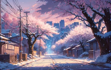 masterpiece, concept art, wide shot, panoramic, a street at night with a bridge in the distance, (winter), snowy, a detailed mat...
