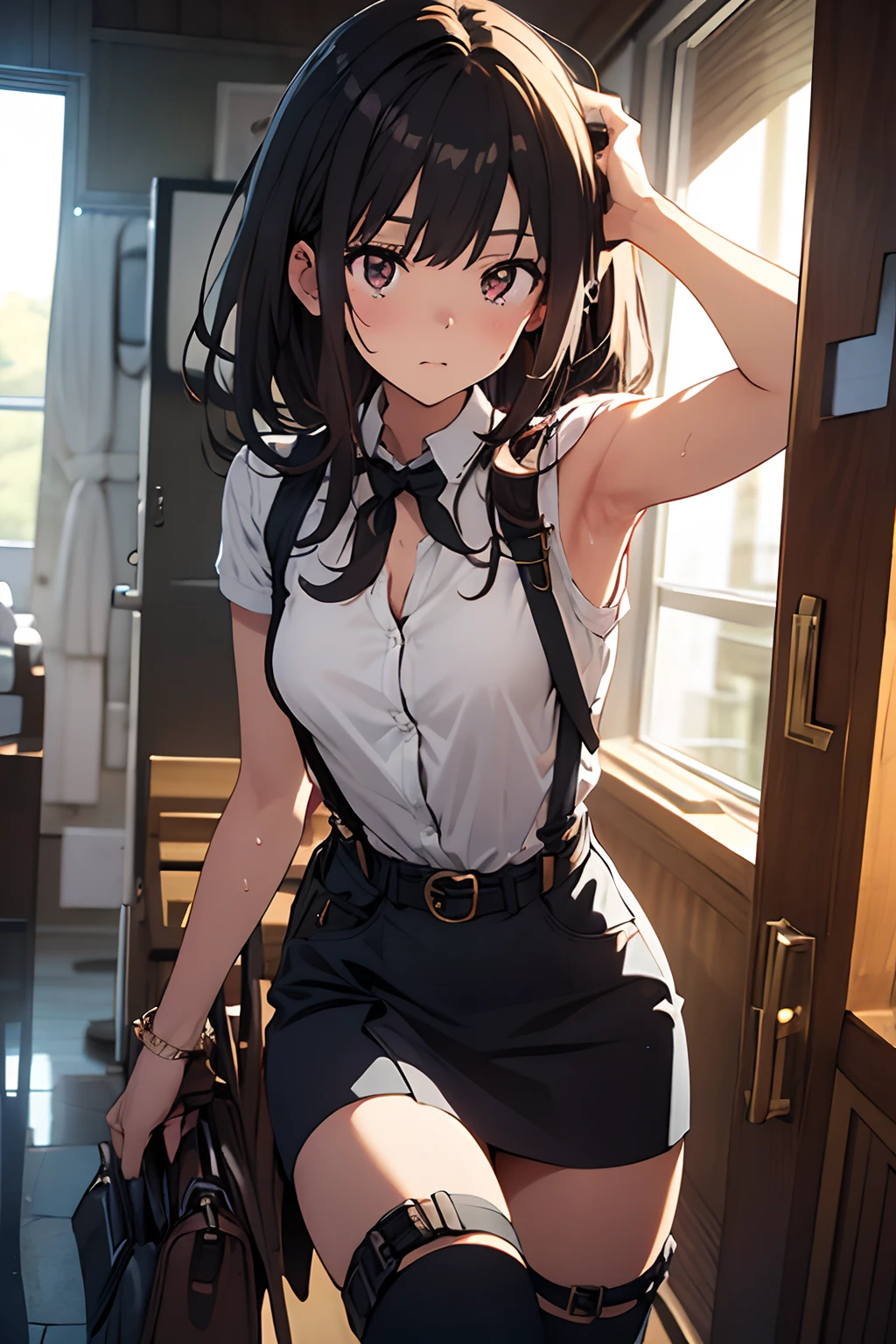 ​masterpiece、flat-colors、depth of fields、lens flare 1 girl、、Brown hair、watching at viewers　　　black suspenders　　　bulging big breasts　　　 　 Armpit sweat　perspiring　Side of both hands　　walls: 　Black miniskirt　garterbelts　　　　　　Gaze　　　Small face　Bangs Upper Eyes　flank　　Rat-colored eyes　　holster　　Belt Armament