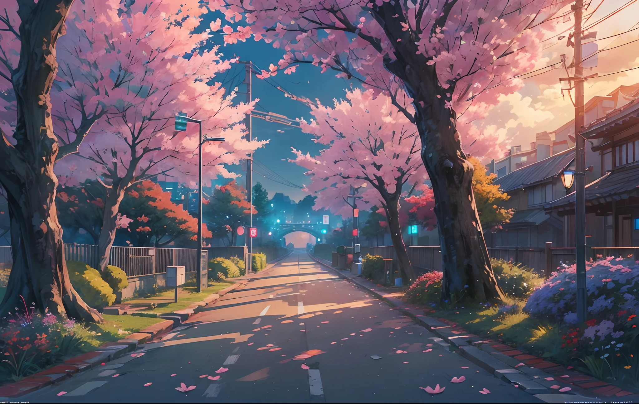 masterpiece, concept art, wide shot, panoramic, a park at night with a bridge in the distance, a detailed matte painting, by Makoto Shinkai, widescreen shot, driveway, sakura trees-lined path at sunset, miyazaki's animated film, endless night, sakura trees along street, art for the film in color, detailed digital anime art, (epic composition, epic proportion), HD