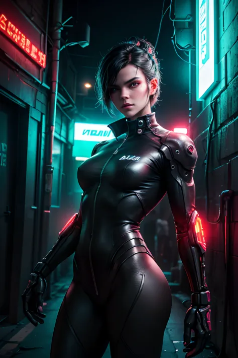 dark silhouette of a neonpunk biomechanical cyberpunk woman night, cyberpunk, wearing a catsuit , quarter turned, multicolor, br...