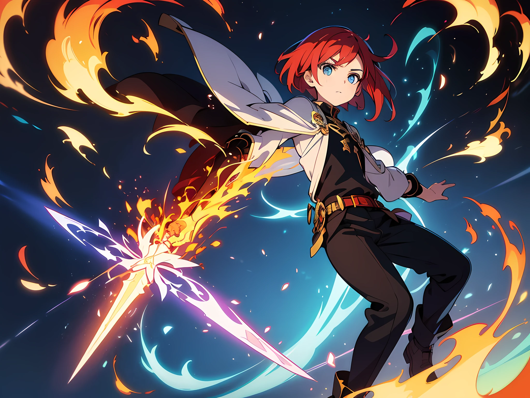 masterpiece, In a world where magic and technology exist side by side, a young man (red hair, short hair) sets out on a journey to hone their skills and uncover the secrets of their powers, beautiful eyes finely detailed. The mage must learn to harness the full potential of their abilities and unlock the true potential of magic in the modern age. full body illustration, evil facial expression, holding a sword, he hold sword with flames coming out from his sword.