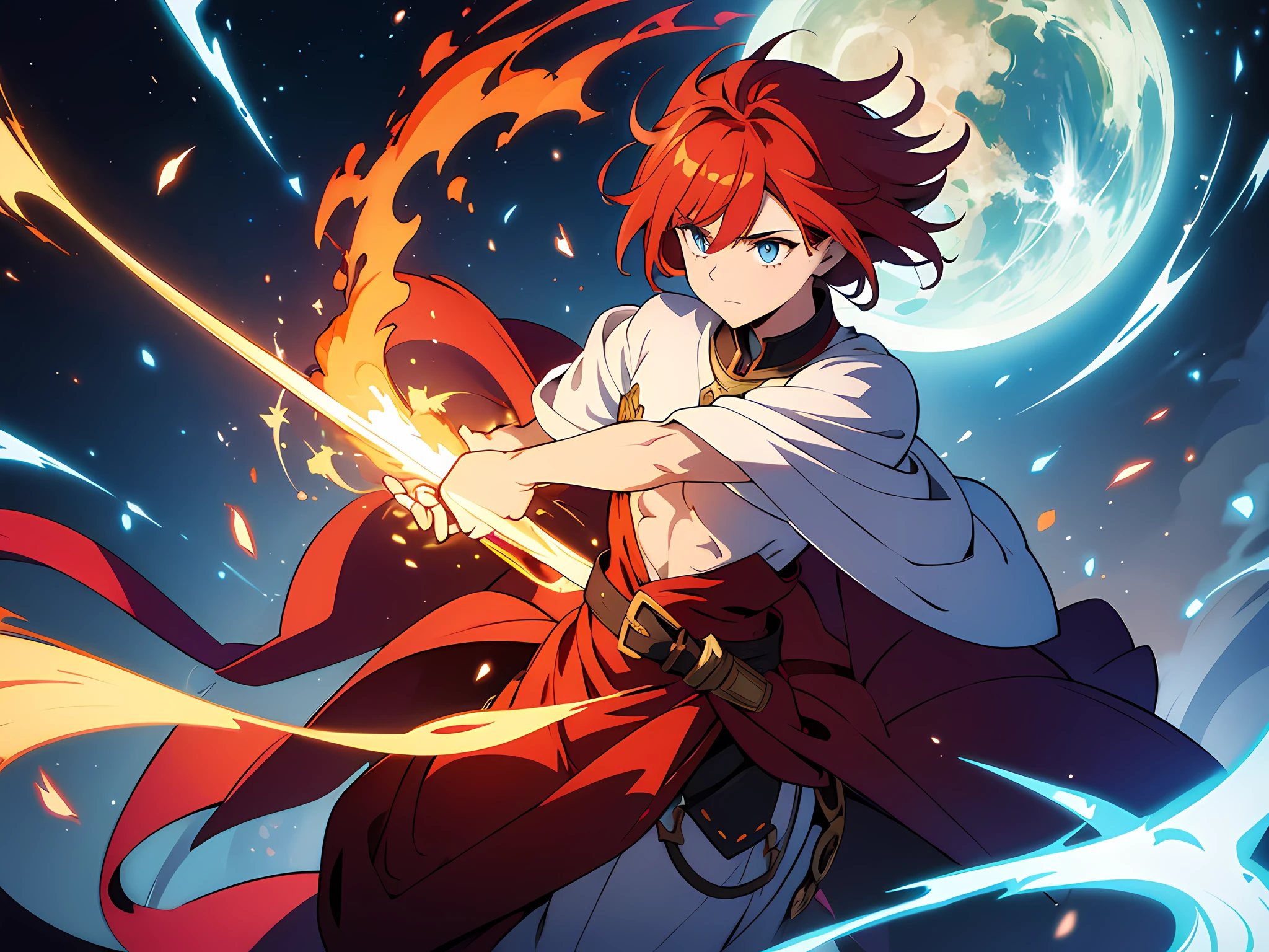 masterpiece, In a world where magic and technology exist side by side, a young man (red hair, short hair) sets out on a journey to hone their skills and uncover the secrets of their powers, beautiful eyes finely detailed. The mage must learn to harness the full potential of their abilities and unlock the true potential of magic in the modern age. full body illustration, evil facial expression, holding a sword, he hold sword with flames coming out from his sword.