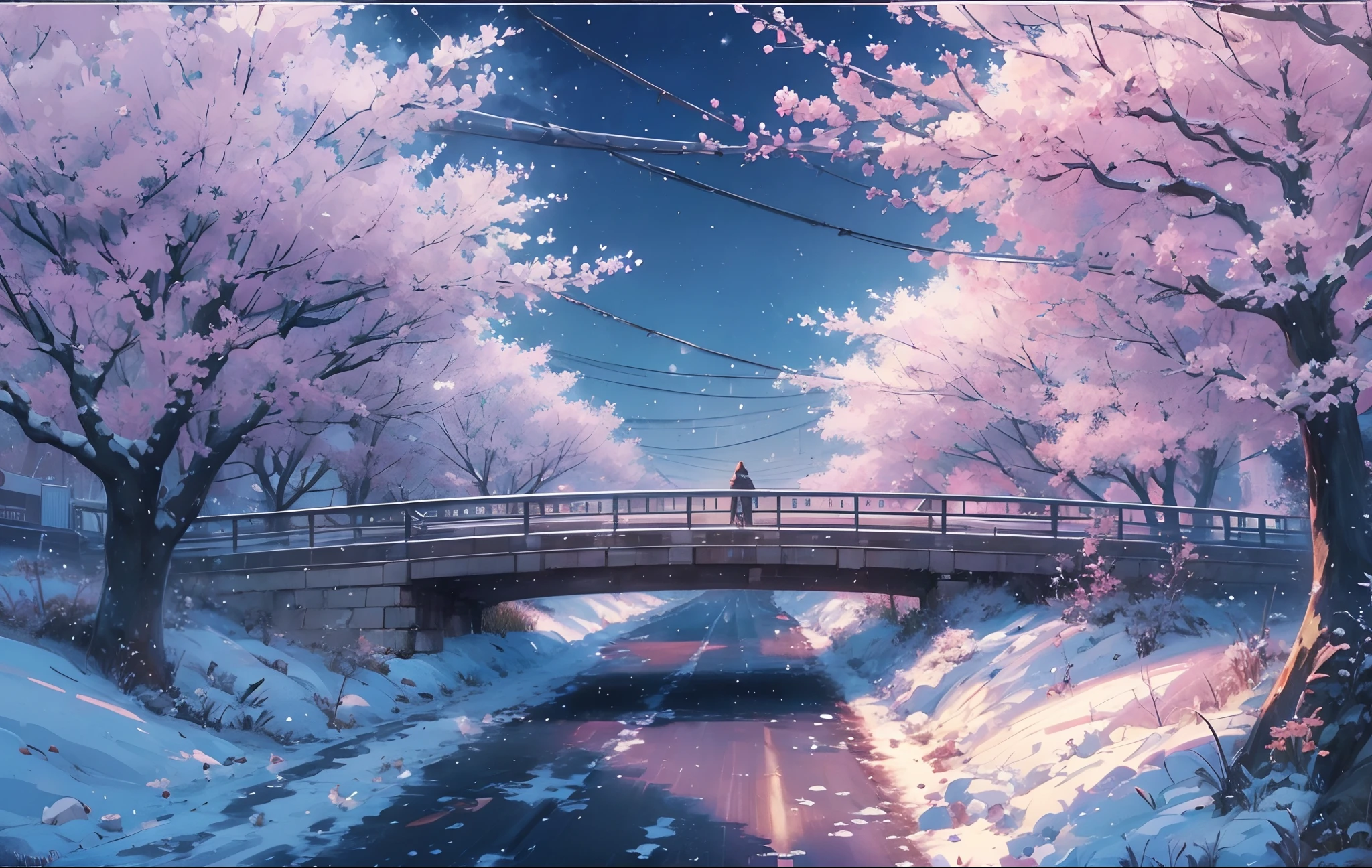 masterpiece, concept art, wide shot, panoramic, a street at night with a bridge in the distance,  a spiral in the sky, (winter), snowy, a detailed matte painting, by Makoto Shinkai, widescreen shot, driveway, sakura trees-lined path, miyazaki's animated film, endless night, sakura trees along street, art for the film in color, detailed digital anime art, (epic composition, epic proportion), HD