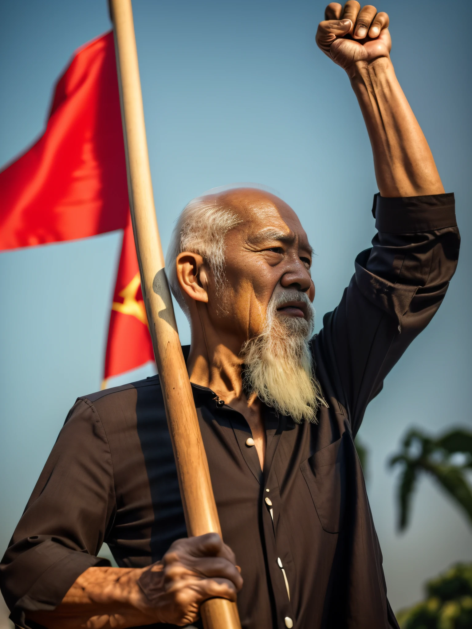 ((傑作), (最高品質), (RAW写真), (写実的な:1.4), 非常にリアルな写真, 85歳のベトナム人老人の肖像写真), 禿げた髪, 長い白いひげ, (黒の丸首シャツを着ている ), 旗竿を掲げる, 赤旗 ,照り付ける太陽, 1975年に富士フイルムXT3で撮影された写真