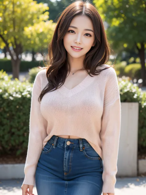 masutepiece, Best Quality, Photorealsitic, finely detail, hight resolution, 8K Wallpapers, Beautiful detailed eyes, One lady、20yr old、Long Wave Brown Hair、large full breasts, 、(Slouching and chest emphasis poses)、(Tight-fitting light pink sweater)、(Tight d...