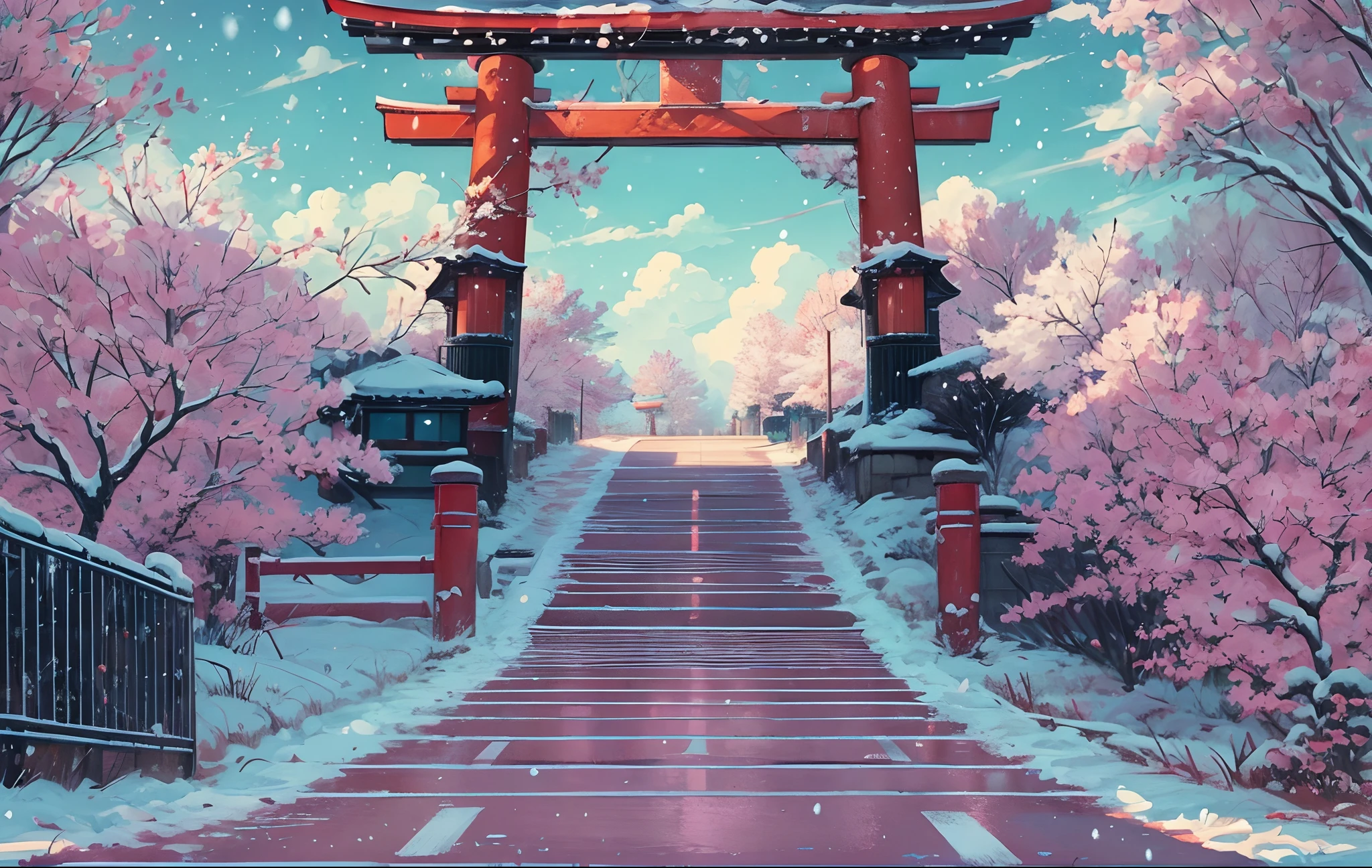 masterpiece, concept art, wide shot, panoramic, (a street full of graffiti at night with a torii gate in the distance), (winter), snowy, a detailed matte painting, by Makoto Shinkai, widescreen shot, driveway, sakura trees-lined path, miyazaki's animated film, endless night, sakura trees along street, art for the film in color, detailed digital anime art, (epic composition, epic proportion), HD