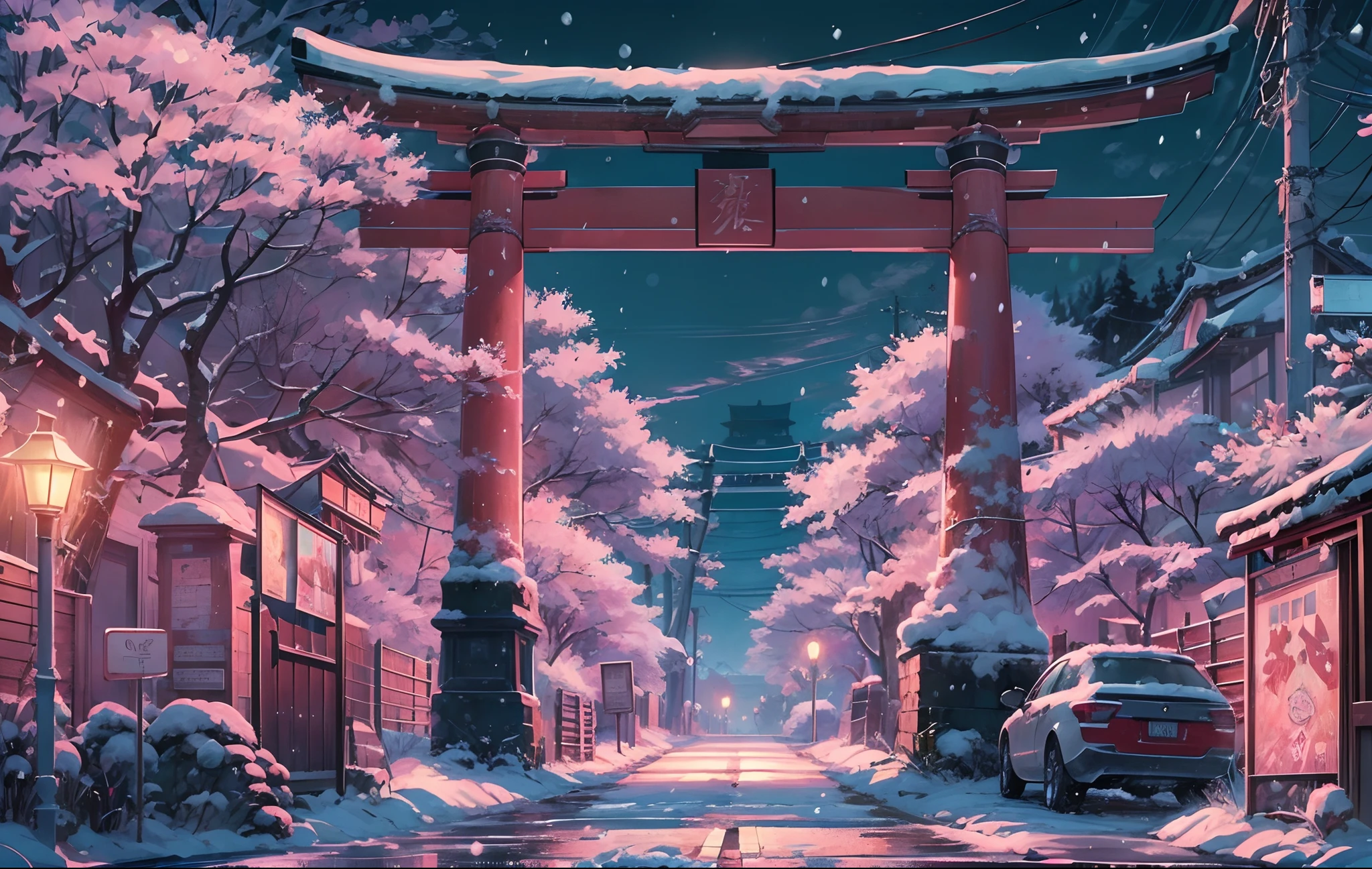 Obra maestra, arte conceptual, plano general, panoramic, (una calle llena de graffitis por la noche con una puerta torii en la distancia), (invierno), Nevado, una pintura mate detallada, por makoto shinkai, toma de pantalla ancha, entrada de coches, camino bordeado de árboles de sakura, la película animada de miyazaki, Noche sin fin, árboles de sakura a lo largo de la calle, arte para la película en color, arte de anime digital detallado, (Composición épica, proporción épica), alta definición