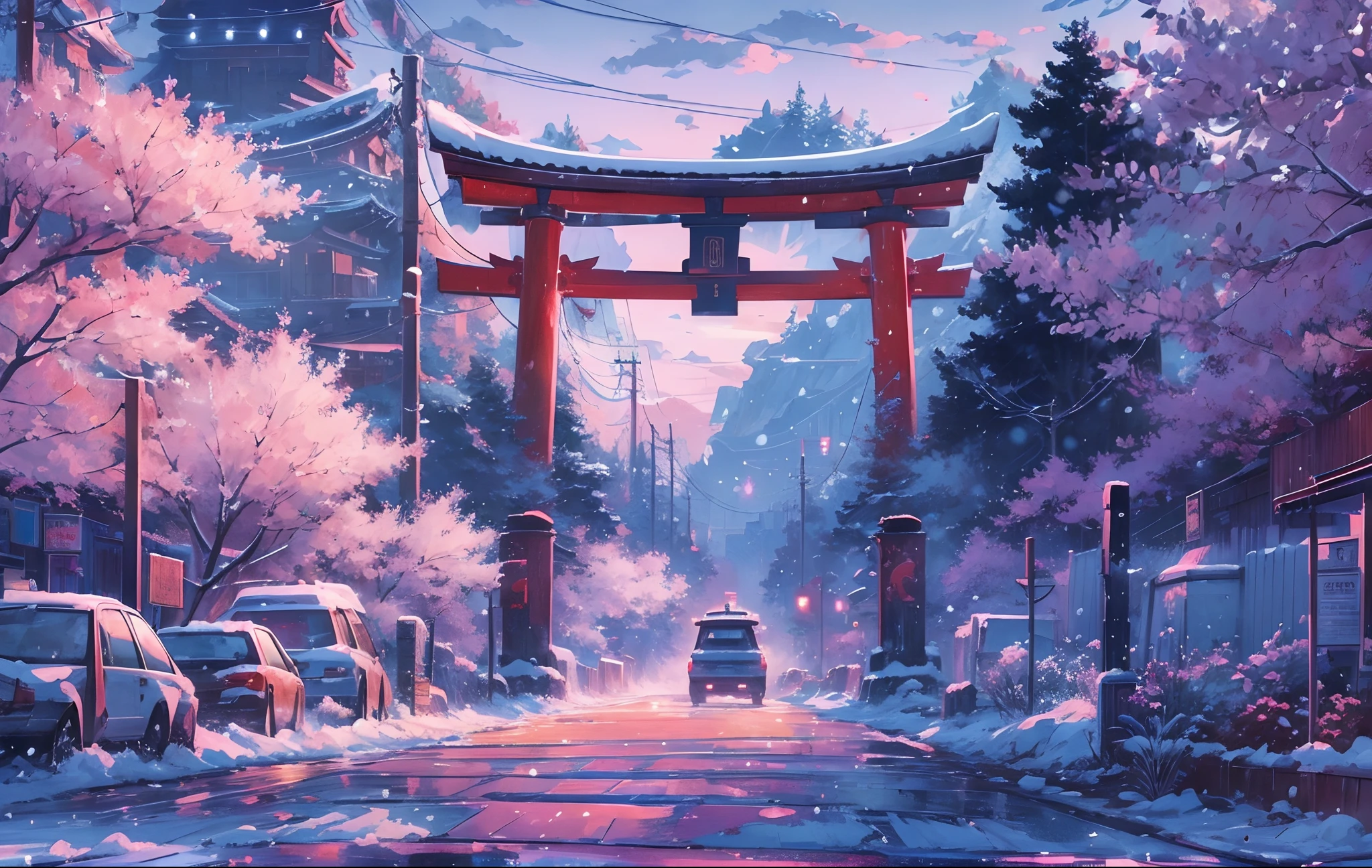 Obra maestra, arte conceptual, plano general, panoramic, (una calle llena de graffitis por la noche con una puerta torii en la distancia), (invierno), Nevado, una pintura mate detallada, por makoto shinkai, toma de pantalla ancha, entrada de coches, camino bordeado de árboles de sakura, la película animada de miyazaki, Noche sin fin, árboles de sakura a lo largo de la calle, arte para la película en color, arte de anime digital detallado, (Composición épica, proporción épica), alta definición