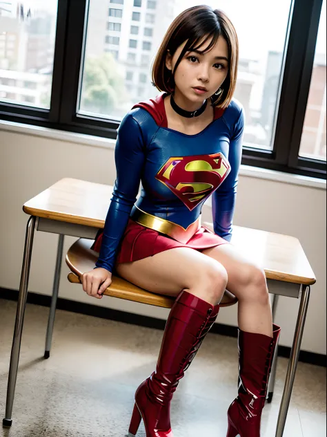 ​masterpiece,Short-haired Supergirl sitting at school desk with legs spread、large full breasts、Looking at the camera、Glossy enam...