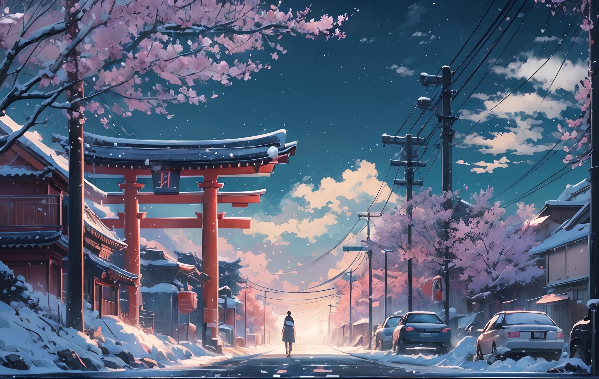 masterpiece, concept art, wide shot, panoramic, (a street full of graffiti at night with a torii gate in the distance), (winter), snowy, a detailed matte painting, by Makoto Shinkai, widescreen shot, driveway, sakura trees-lined path, miyazaki's animated film, endless night, sakura trees along street, art for the film in color, detailed digital anime art, (epic composition, epic proportion), HD
