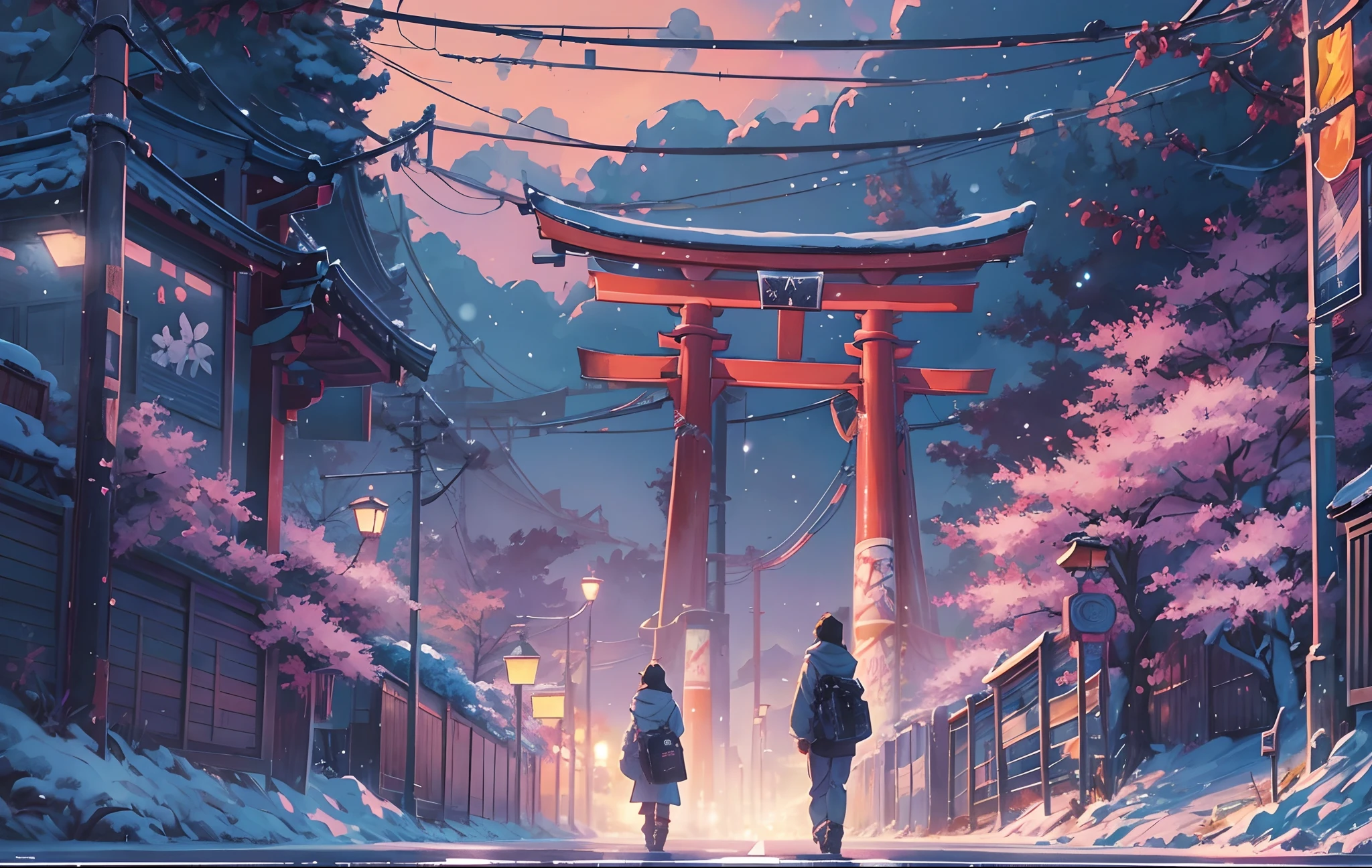 Obra de arte, arte conceitual, plano amplo, panorâmico, (uma rua cheia de grafites à noite com um portão torii ao longe), (Inverno), Nevado, uma pintura fosca detalhada, por Makoto Shinkai, foto panorâmica, entrada de automóveis, caminho arborizado de sakura, filme de animação de miyazaki, noite sem fim, árvores de sakura ao longo da rua, arte para o filme em cores, arte digital detalhada de anime, (composição épica, proporção épica), alta definição