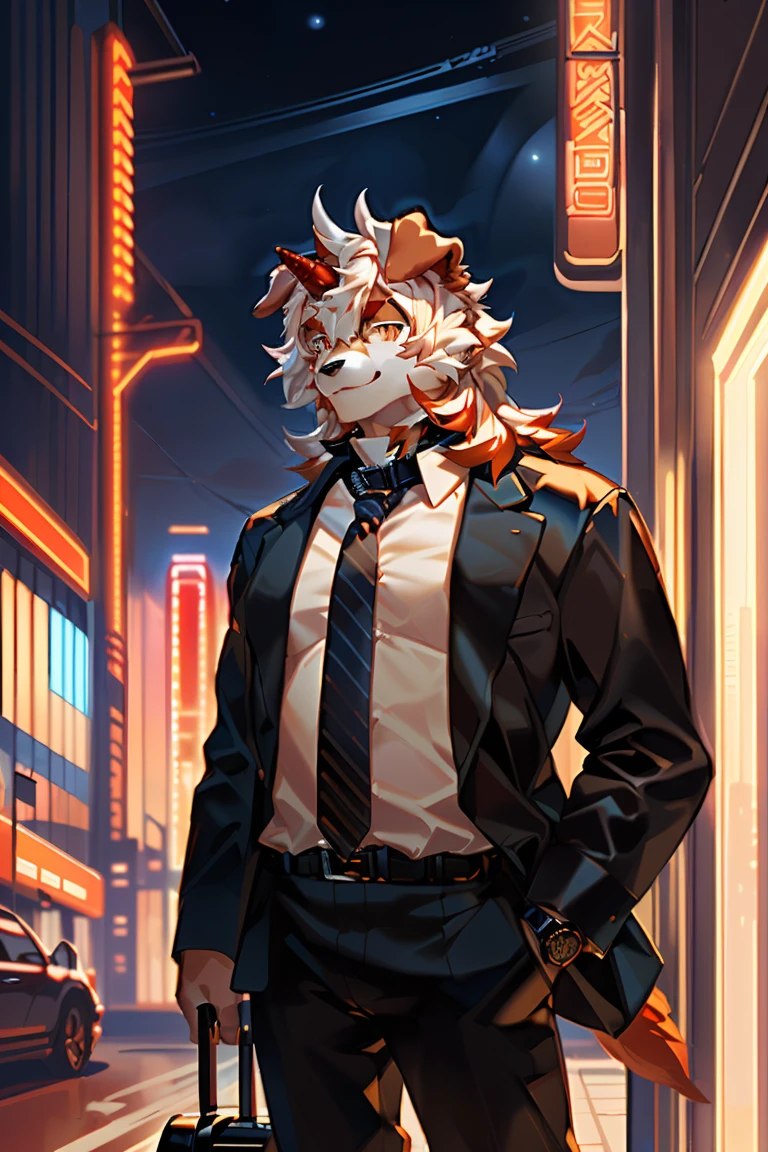 (by Hioshiru, by null-ghost, By personalami, by Honovy, by thebigslick, author：Feinhertz), Male, Solo, domestic dog, horn, floppy ears, clawed paws,  Smile, Neon lights，in an office building，Masterpiece, Best quality, offcial art, Extremely detailed Cg Unity 8K wallpaper, Ultra-detailed, Best Illustration, Best shadow, Perfect lighting, pegging (/arknight/), White fur, Furry male, Dog boy, Furry, Two-tone fur, 1boys, multicolored hair, Male focus, Horns, Striped hair, Dog ears, Animal ears, single horn, Brown fur, bangs, Orange hair, White hair, Medium hair, Orange eyes, Solo,Black pupils，In black suit，Black trousers，White color blouse，Plaid tie，full bodyesbian，leather shoes，A collar is worn around his neck，Wrist watch，briefcase，Coffee in hand
