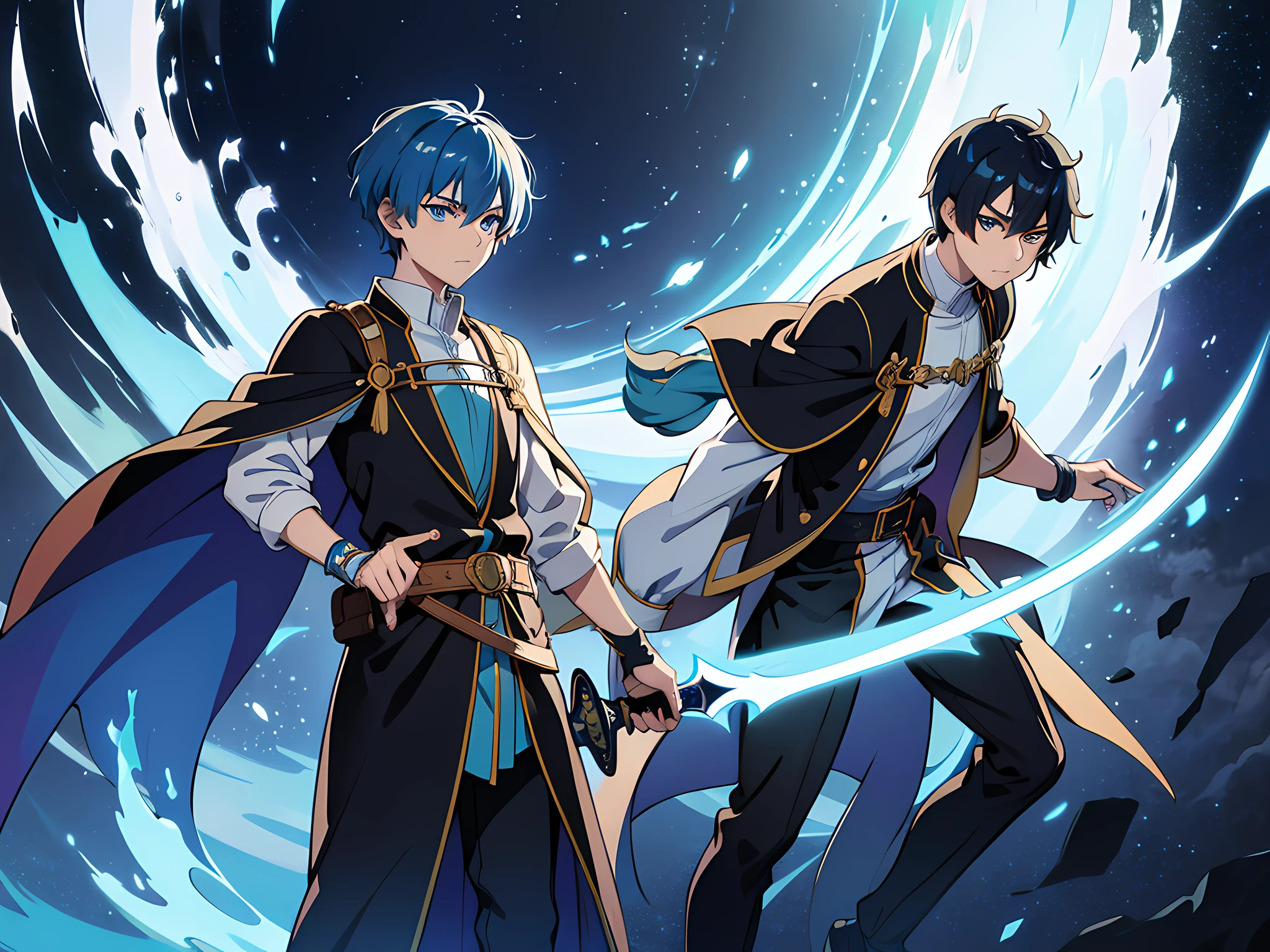 Two anime characters in black and blue outfits standing in front of a  spiral - SeaArt AI