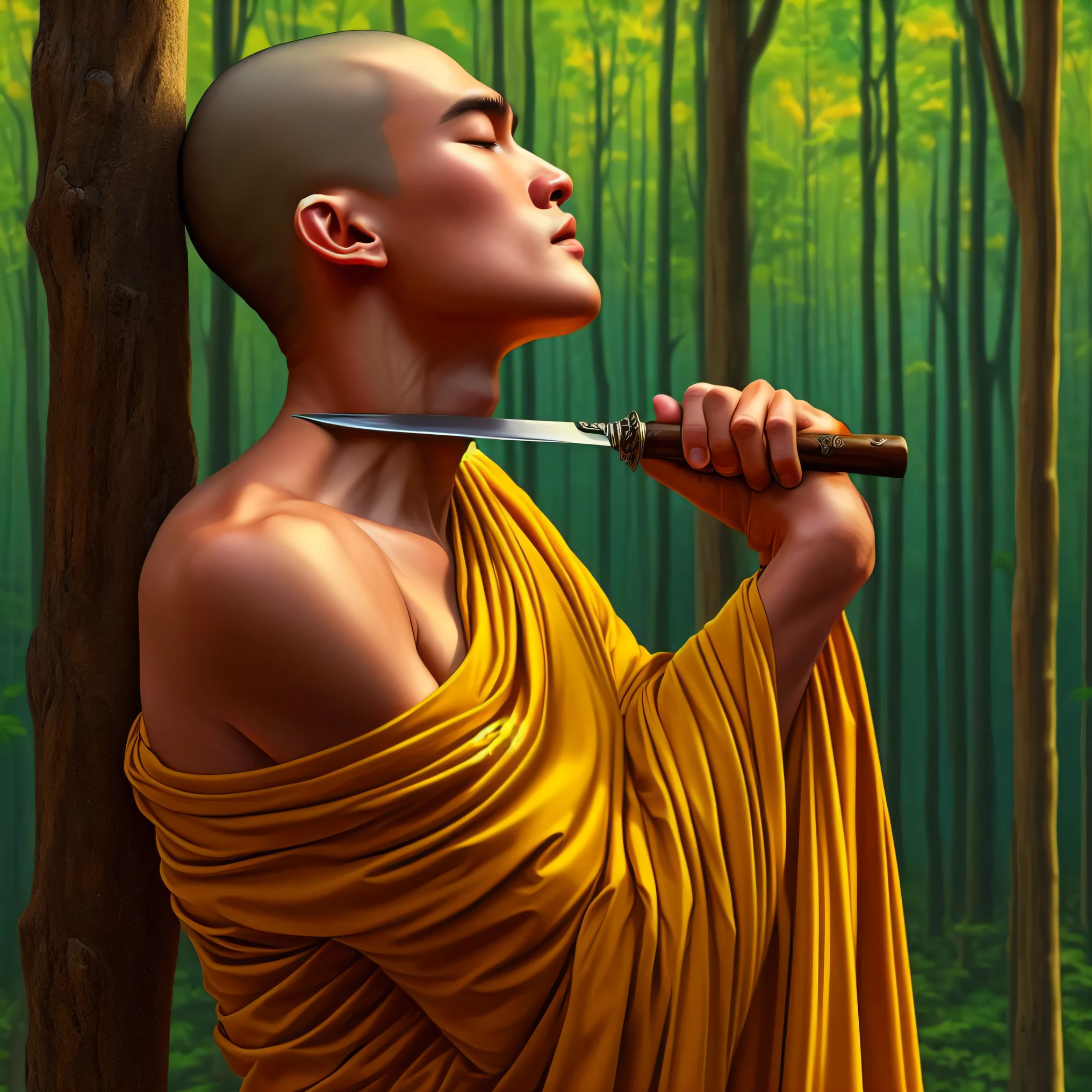 there is a man in a yellow robe holding a knife, fisting monk, hold sword in the forest, portrait of monk, buddhist, buddhist monk, concept art of a monk, monk, monk meditate, inspired by Ma Quan, 2 1 st century monk, buddhist monk meditating, ancient japanese monk, buddhism, the buddha, detailed painting 4 k, by Ma Quan