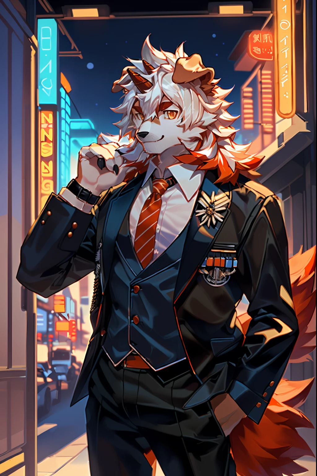 (by Hioshiru, by null-ghost, By personalami, by Honovy, by thebigslick, author：Feinhertz), Male, Solo, domestic dog, horn, floppy ears, clawed paws,  Smile, Neon lights，In the office building，Masterpiece, Best quality, offcial art, Extremely detailed Cg Unity 8K wallpaper, Ultra-detailed, Best Illustration, Best shadow, Perfect lighting, pegging (/arknight/), White fur, Furry male, Dog boy, Furry, Two-tone fur, 1boys, multicolored hair, Male focus, Horns, Striped hair, Dog ears, Animal ears, single horn, Brown fur, bangs, Orange hair, White hair, Medium hair, Orange eyes, Solo,Black pupils，In black suit，Black trousers，White color blouse，Plaid tie，full bodyesbian，leather shoes，A collar is worn around his neck，Wrist watch，briefcase，Coffee in hand，Orange tail，Fluffy tail，full bodyesbian，Tall and strong