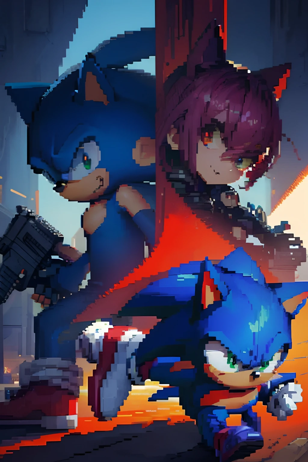 Sonic the hedge and sonic the hedge are fighting in a pixel pixel style -  SeaArt AI