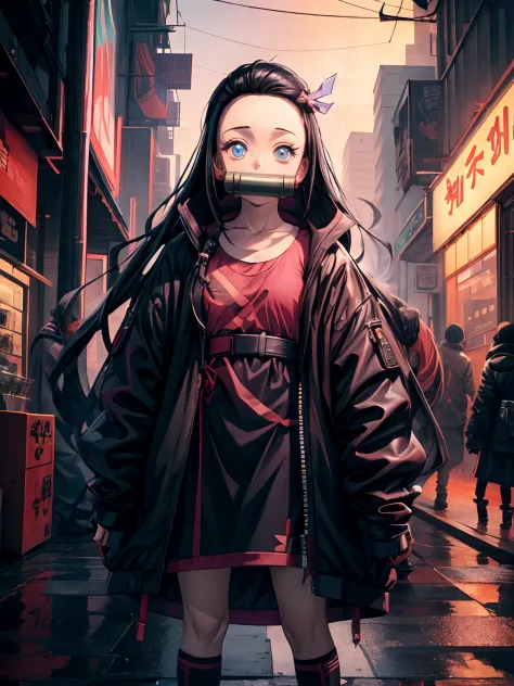 cyberpunk streetwear attire, nezuko, bamboo mouth, perfect composition, streetview, detailed