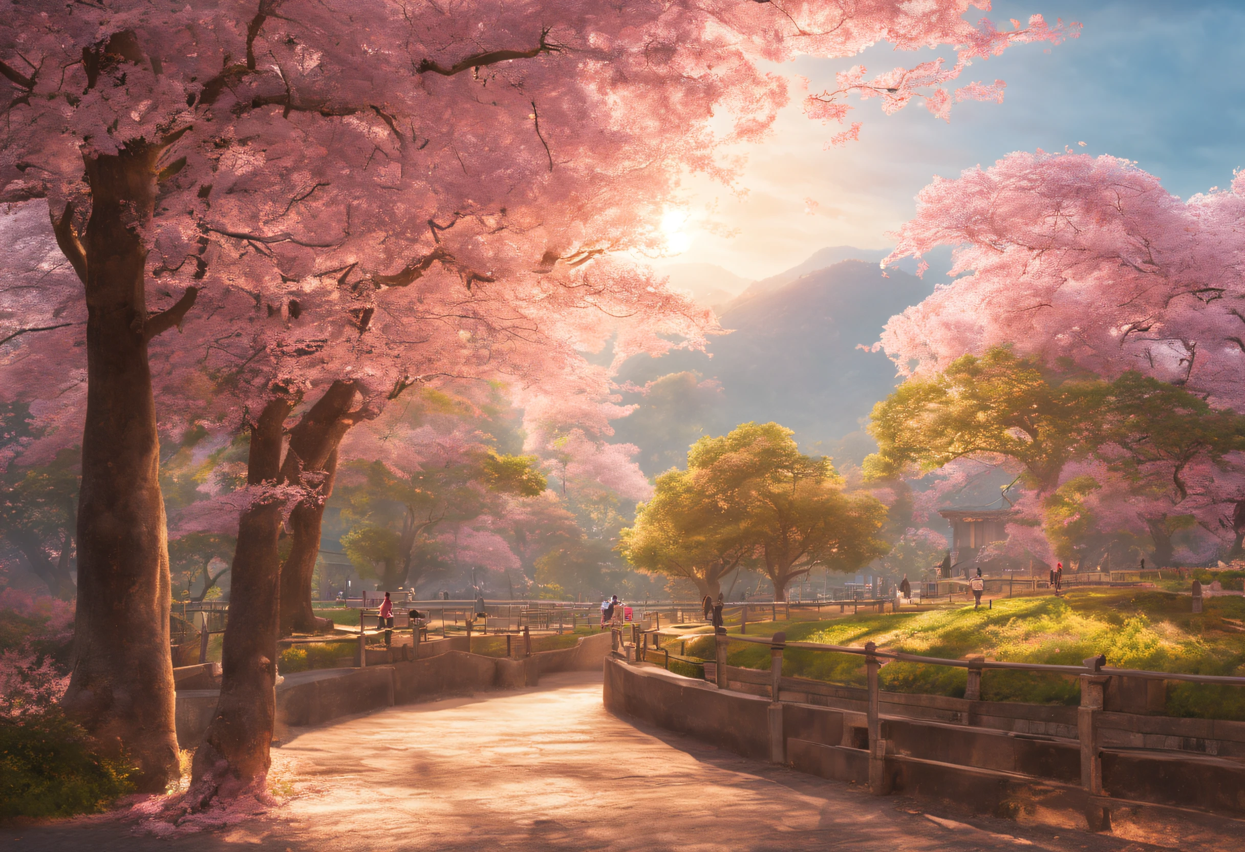 (best quality,4k,8k,highres,masterpiece:1.2),ultra-detailed,(realistic,photorealistic,photo-realistic:1.37),street with cherry blossom trees on the sides,beautiful delicate petals falling softly, sunlight breaking through the branches, gentle breeze rustling the leaves, pink and white flowers blooming vibrantly,picturesque view of the avenue, people strolling along the sidewalk, colorful kimonos and parasols, sense of tranquility and serenity, traditional Japanese atmosphere, soft pastel tones, warm golden sunlight, ethereal and dream-like ambiance