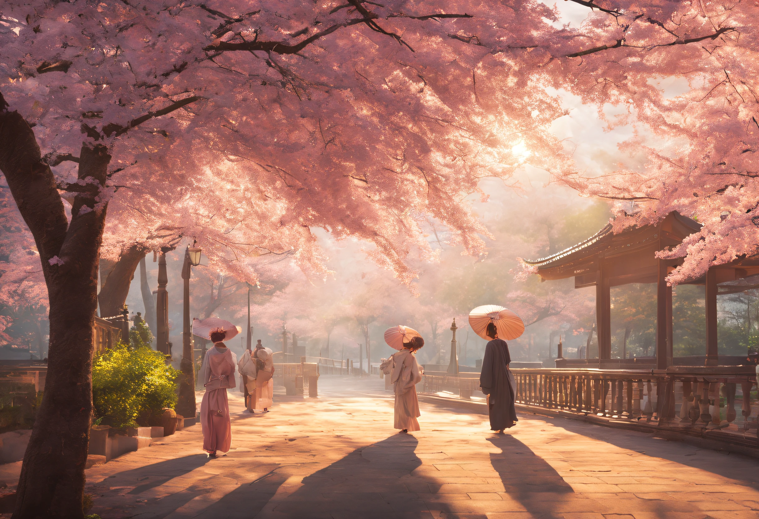 (best quality,4k,8k,highres,masterpiece:1.2),ultra-detailed,(realistic,photorealistic,photo-realistic:1.37),street with cherry blossom trees on the sides,beautiful delicate petals falling softly, sunlight breaking through the branches, gentle breeze rustling the leaves, pink and white flowers blooming vibrantly,picturesque view of the avenue, people strolling along the sidewalk, colorful kimonos and parasols, sense of tranquility and serenity, traditional Japanese atmosphere, soft pastel tones, warm golden sunlight, ethereal and dream-like ambiance