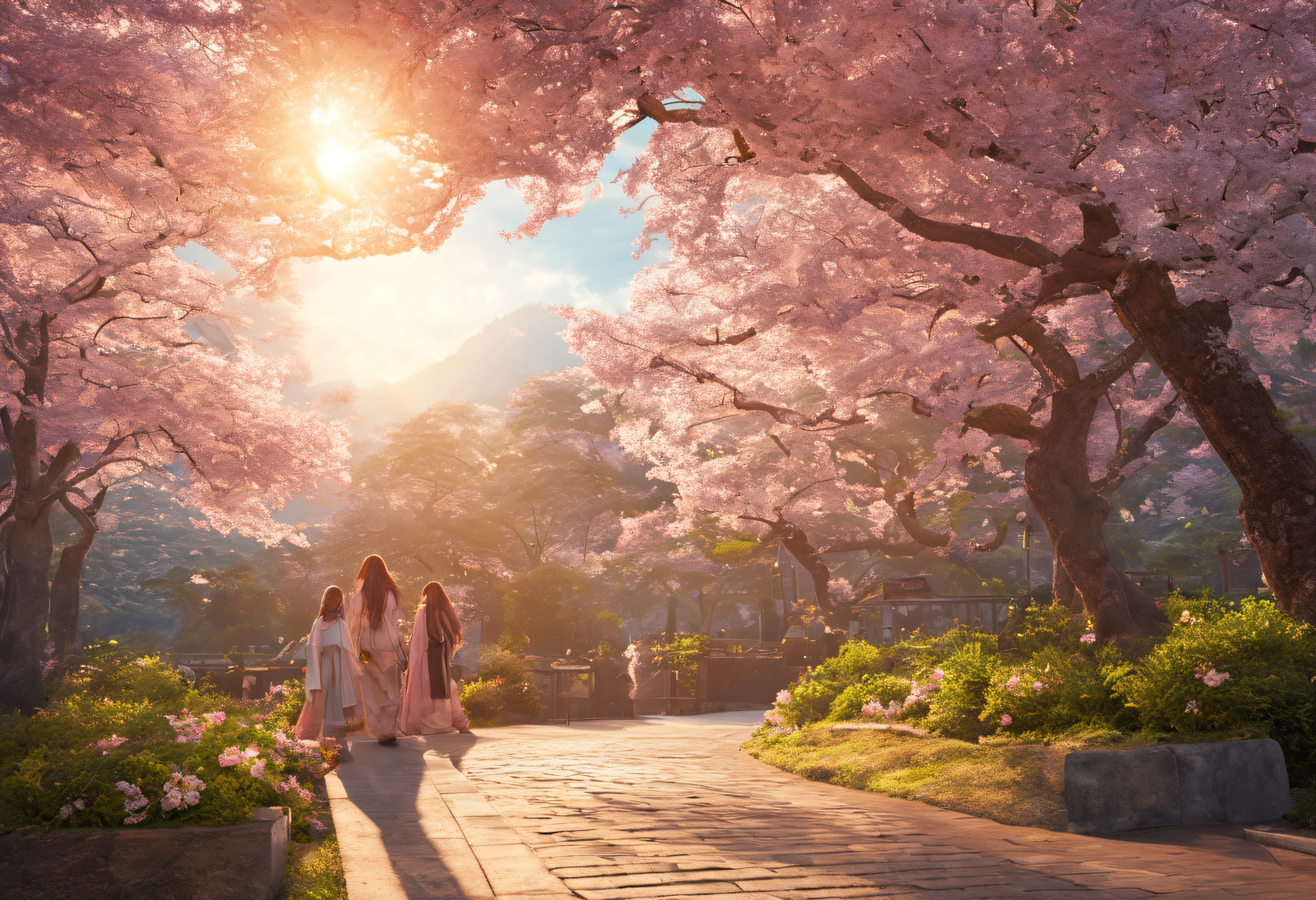 (best quality,4k,8k,highres,masterpiece:1.2),ultra-detailed,(realistic,photorealistic,photo-realistic:1.37),street with cherry blossom trees on the sides,beautiful delicate petals falling softly, sunlight breaking through the branches, gentle breeze rustling the leaves, pink and white flowers blooming vibrantly,picturesque view of the avenue, people strolling along the sidewalk, colorful kimonos and parasols, sense of tranquility and serenity, traditional Japanese atmosphere, soft pastel tones, warm golden sunlight, ethereal and dream-like ambiance