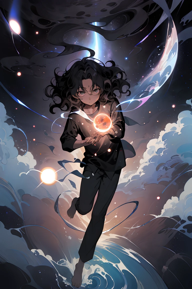 (best quality, masterpiece), 1boy, full body, kazuhiro1 omnipotent god, universe, milky way, particles, black hole, transcendent being, looking at viewer, wavy hair, orb, black shirt