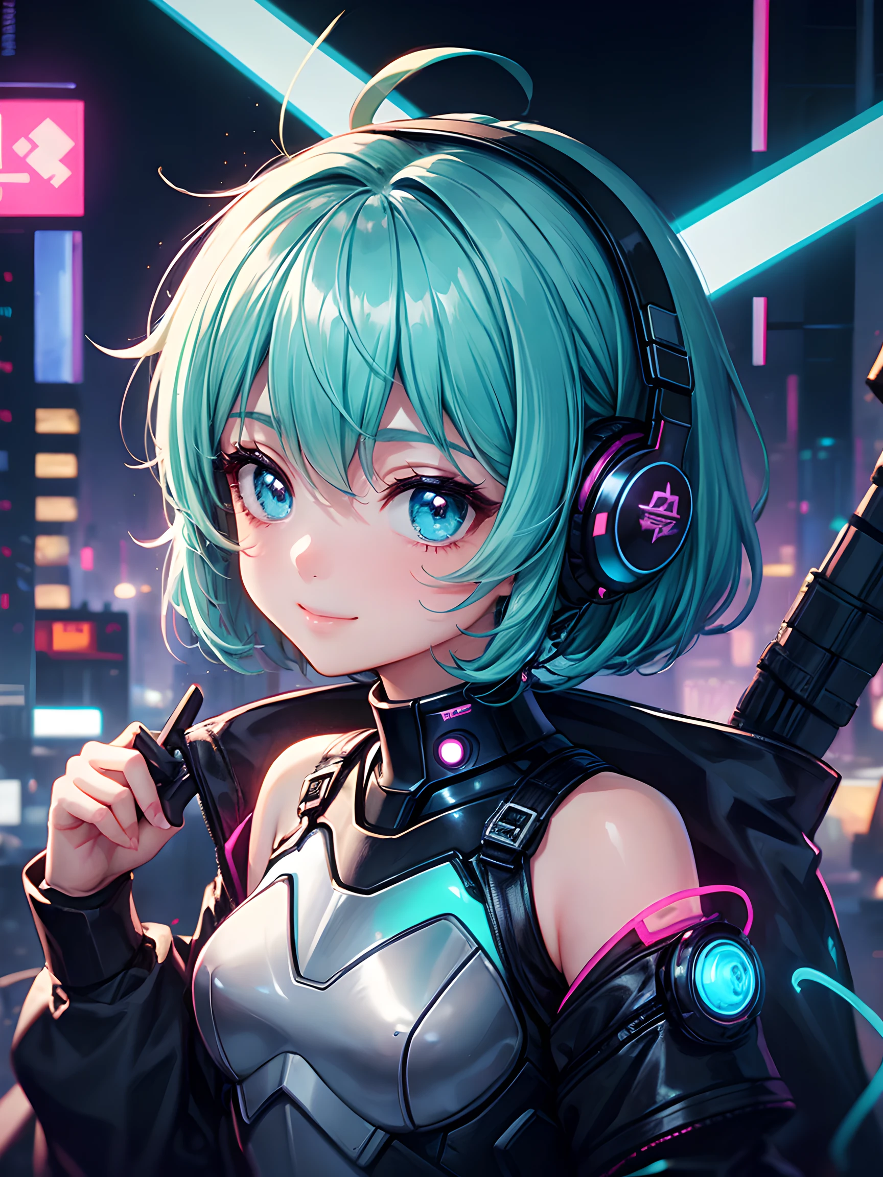 1girl in, android, Cyberpunk, Cyan hair, cyan eyes, Short hair, White breastplate, Black headphones, Mechanical black glossy metallic Bodysuit, Bare shoulders, Glossy, shiny material,chibi emote, chibi character, cyberpunk city,