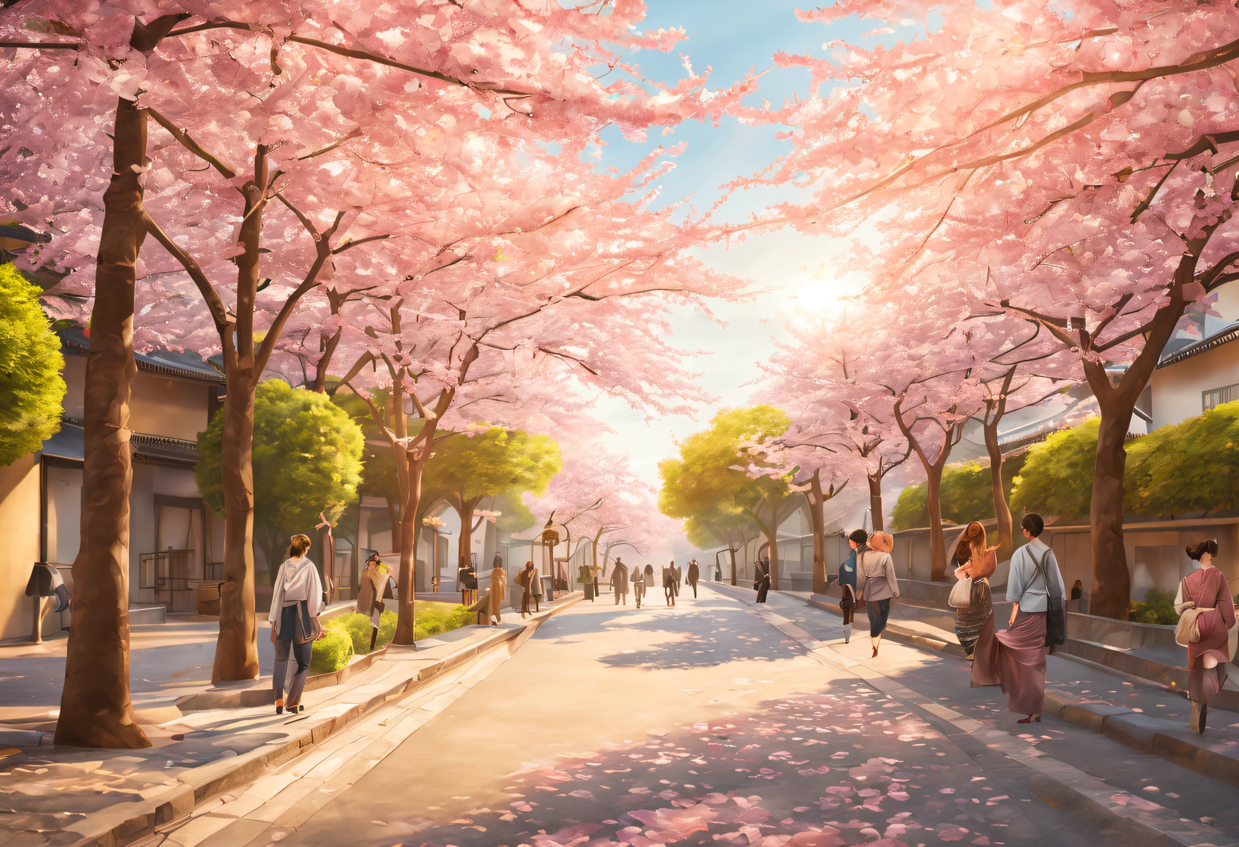 (best quality,4k,8k,highres,masterpiece:1.2),ultra-detailed,(realistic,photorealistic,photo-realistic:1.37),street with cherry blossom trees on the sides,beautiful delicate petals falling softly, sunlight breaking through the branches, gentle breeze rustling the leaves, pink and white flowers blooming vibrantly,picturesque view of the avenue, people strolling along the sidewalk, colorful kimonos and parasols, sense of tranquility and serenity, traditional Japanese atmosphere, soft pastel tones, warm golden sunlight, ethereal and dream-like ambiance