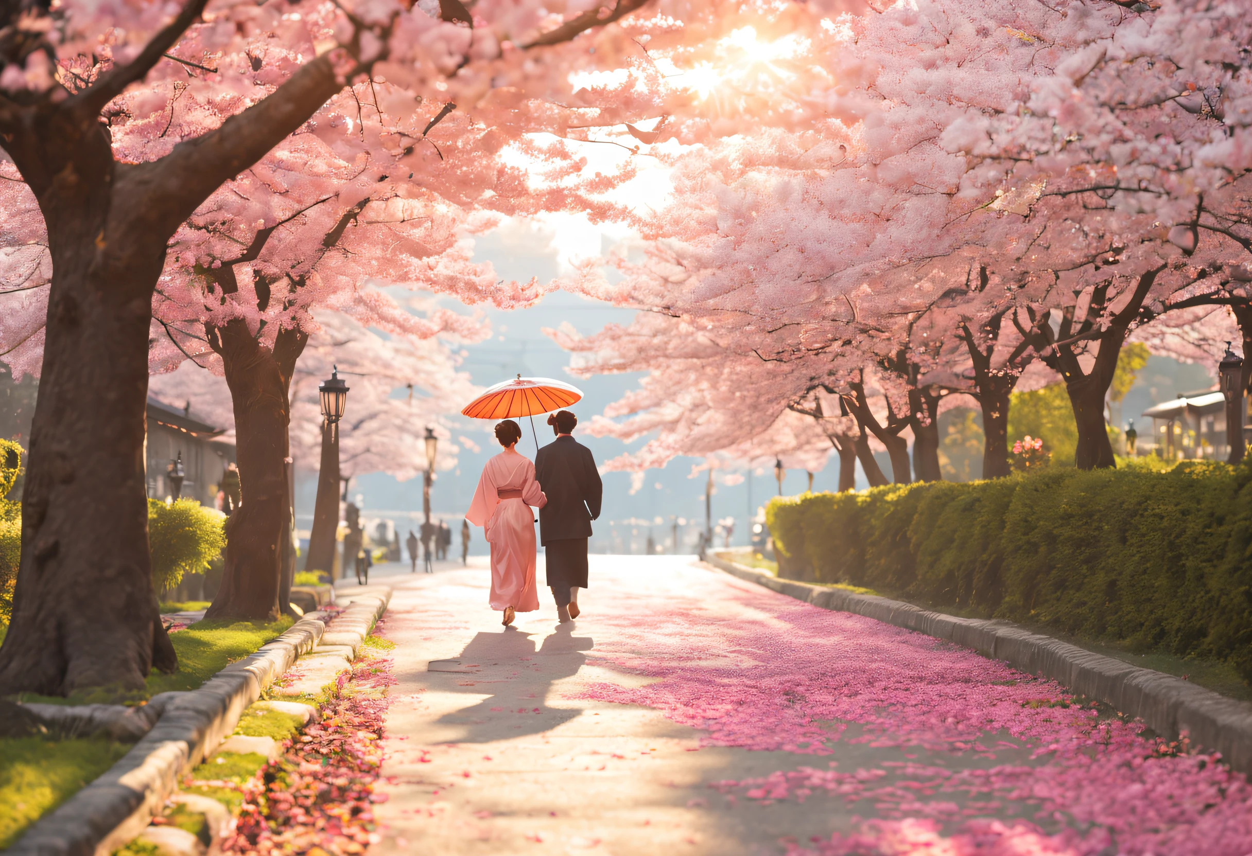 (mejor calidad,4k,8K,alta resolución,obra maestra:1.2),ultra detallado,(Realista,photoRealista,photo-Realista:1.37),Calle con cerezos en flor a los lados,hermosos pétalos delicados que caen suavemente, La luz del sol se abre paso entre las ramas, suave brisa haciendo crujir las hojas, flores rosadas y blancas que florecen vibrantemente,Vista pintoresca de la avenida, gente paseando por la acera, kimonos y sombrillas de colores, sensación de tranquilidad y serenidad, Ambiente tradicional japonés, tonos pastel suaves, cálida luz del sol dorada, Ambiente etéreo y onírico