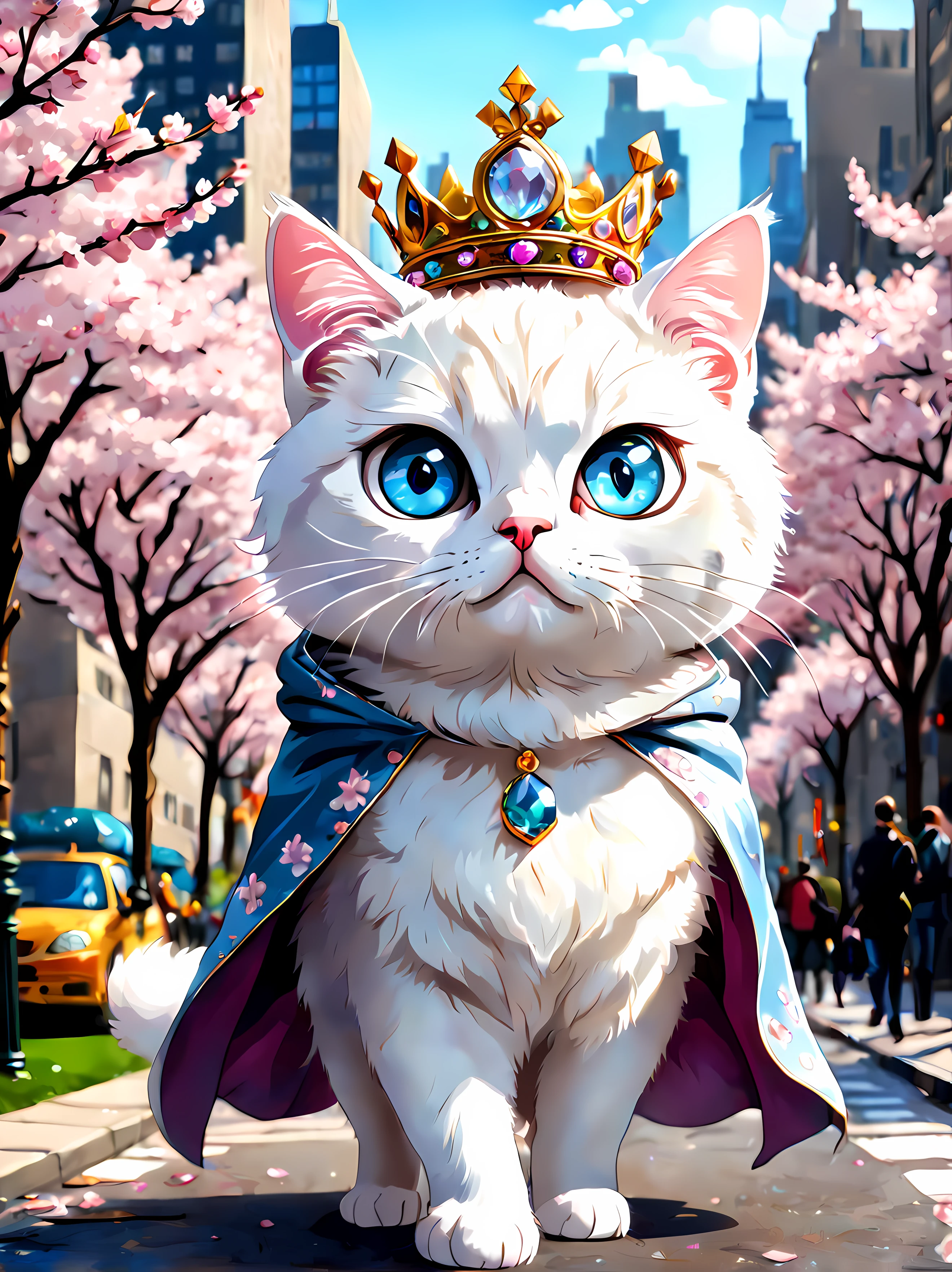 Cute Cartoon, CuteCartoonAF, sticker, (cute cartoon style:1.3), (solo:1.3), adorable white (cat) (vivid big eyes) (((looking at the viewer))), ((wearing jeweled crown)), (wearing noble cloak), ((walking on the New York street)), cherry blossom park, urban street background, masterpiece, 4k, highly detailed, shiny, (divine) ((cat)) with blue eyes, stickers