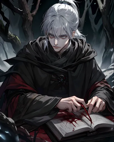 1male, beautiful, silver hair with low ponytail, dark grey eyes, detailed eyes, black cloak, dark sorcerer, rogue mage, alone in...