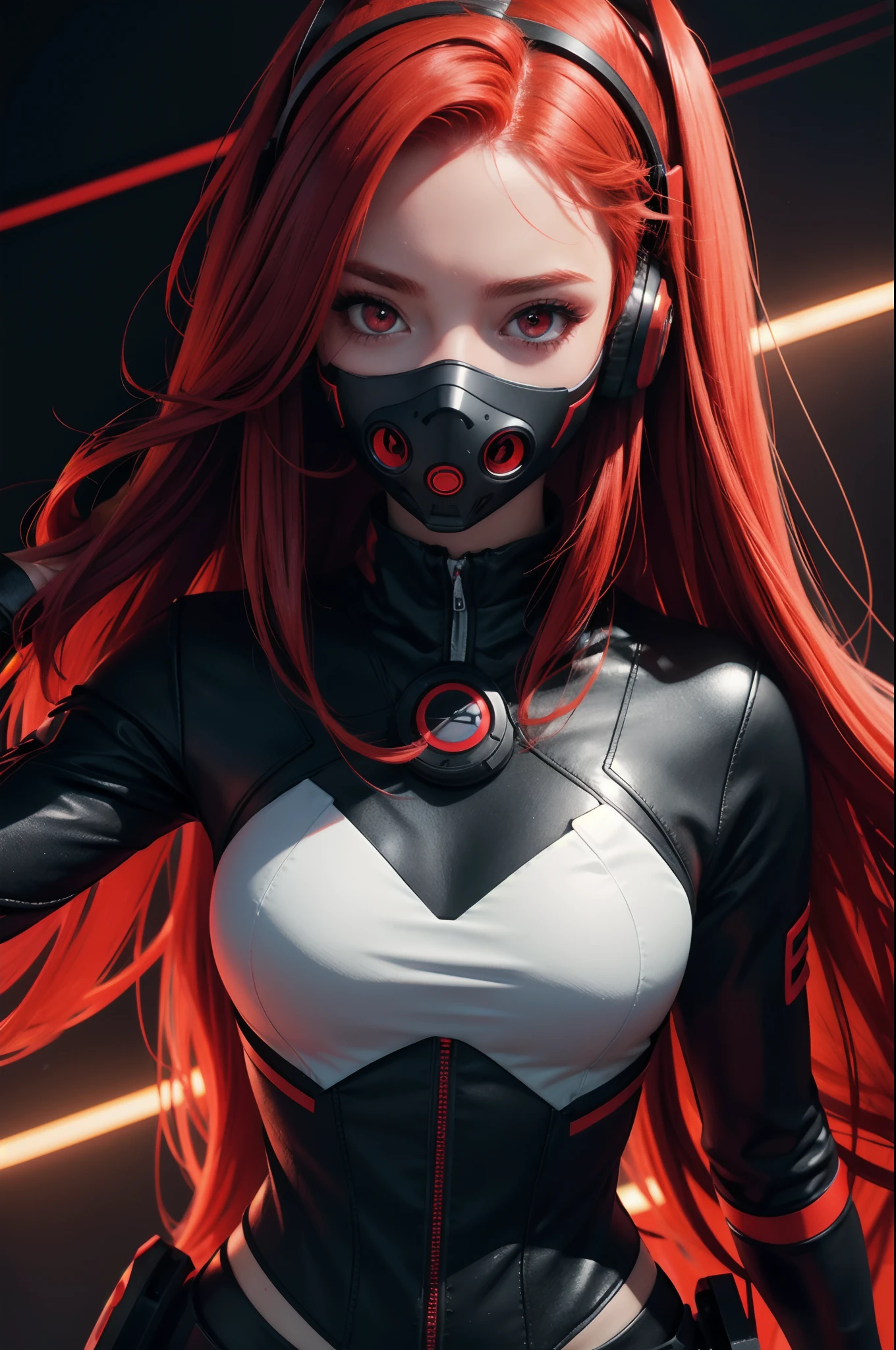 girl with long red hair, red eyes, futuristic vibes, mask on mouth, headphones, 8k, high quality, simple background, glowing eyes, nice pose