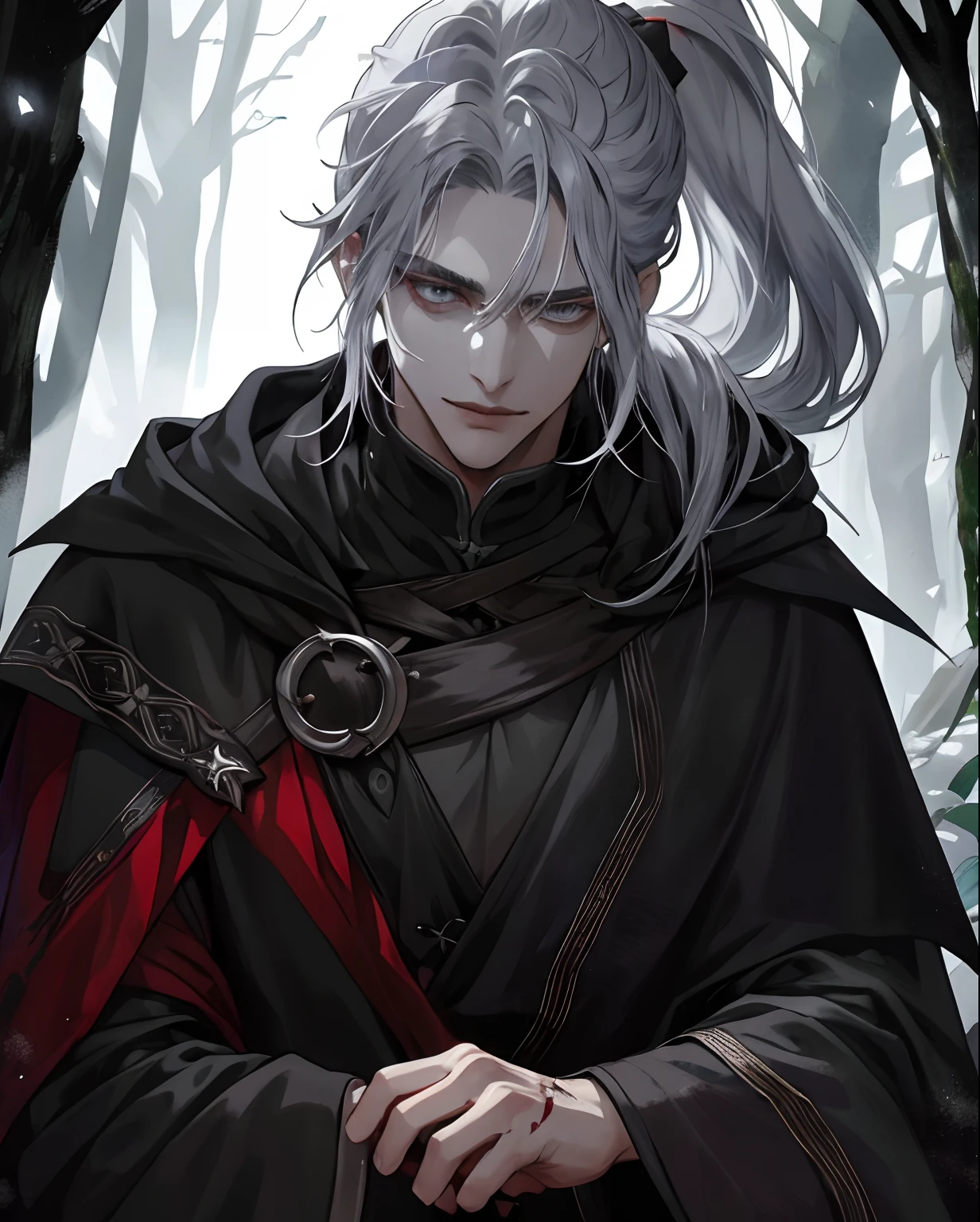 1male, beautiful, silver hair with low ponytail, dark grey eyes, detailed eyes, black cloak, dark sorcerer, rogue mage, alone in a dark forest, depressed, medieval fantasy, blood magic, condescending