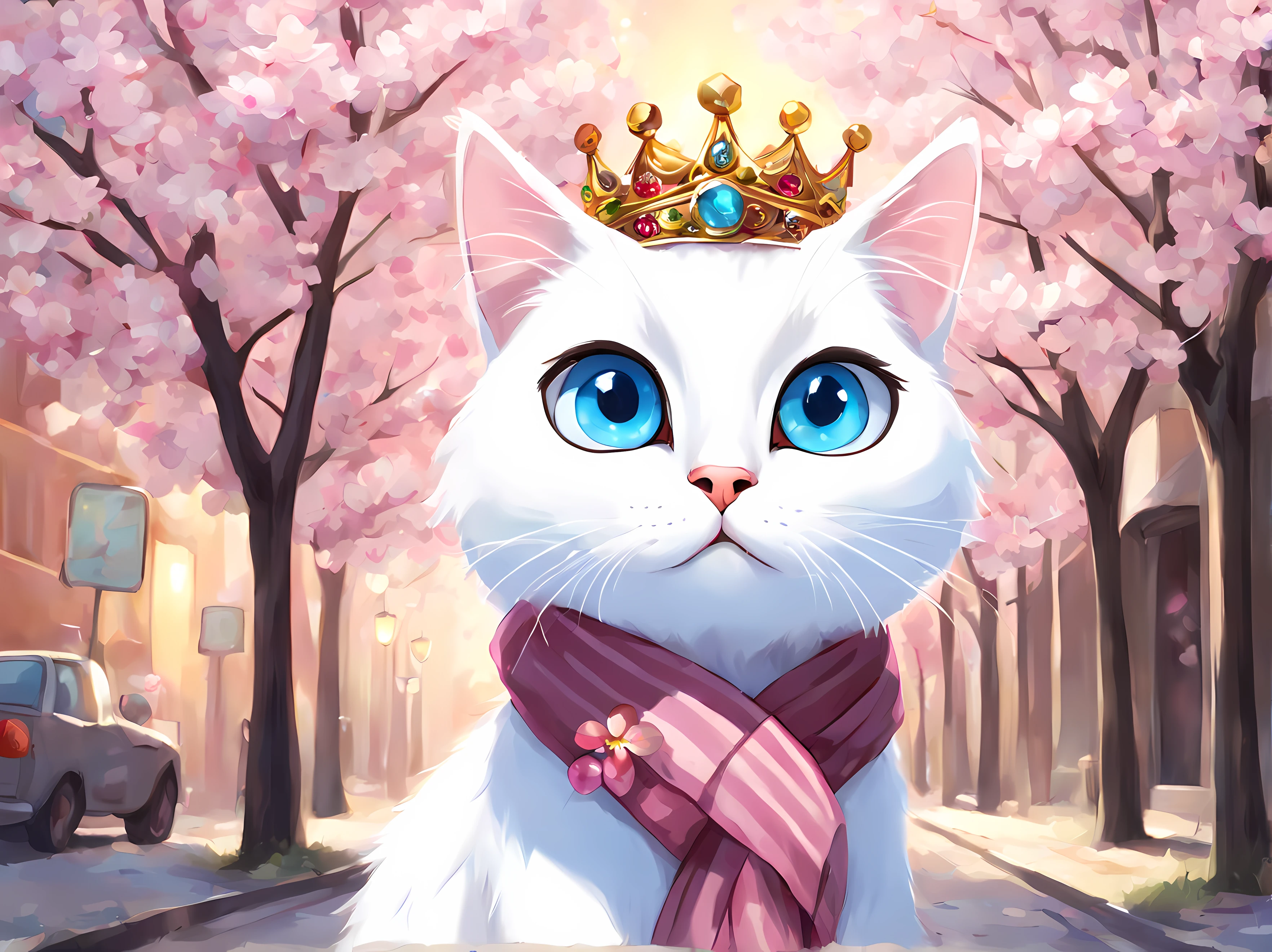 Cute Cartoon, CuteCartoonAF, (cute cartoon style:1.3), (solo:1.3), adorable white ((cat)) (vivid big eyes) ((((looking at the viewer)))), ((wearing jeweled crown)), ((wearing noble scarf)), ((walking on the street)), falling petals of cherry blossoms, (urban), masterpiece, 4k, highly detailed, shiny, blue eyes