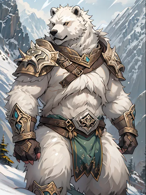 foreground（White Bear Warrior，Armor and fur，Claws，Stout body）Background with（snow mountains，mountain peaks）