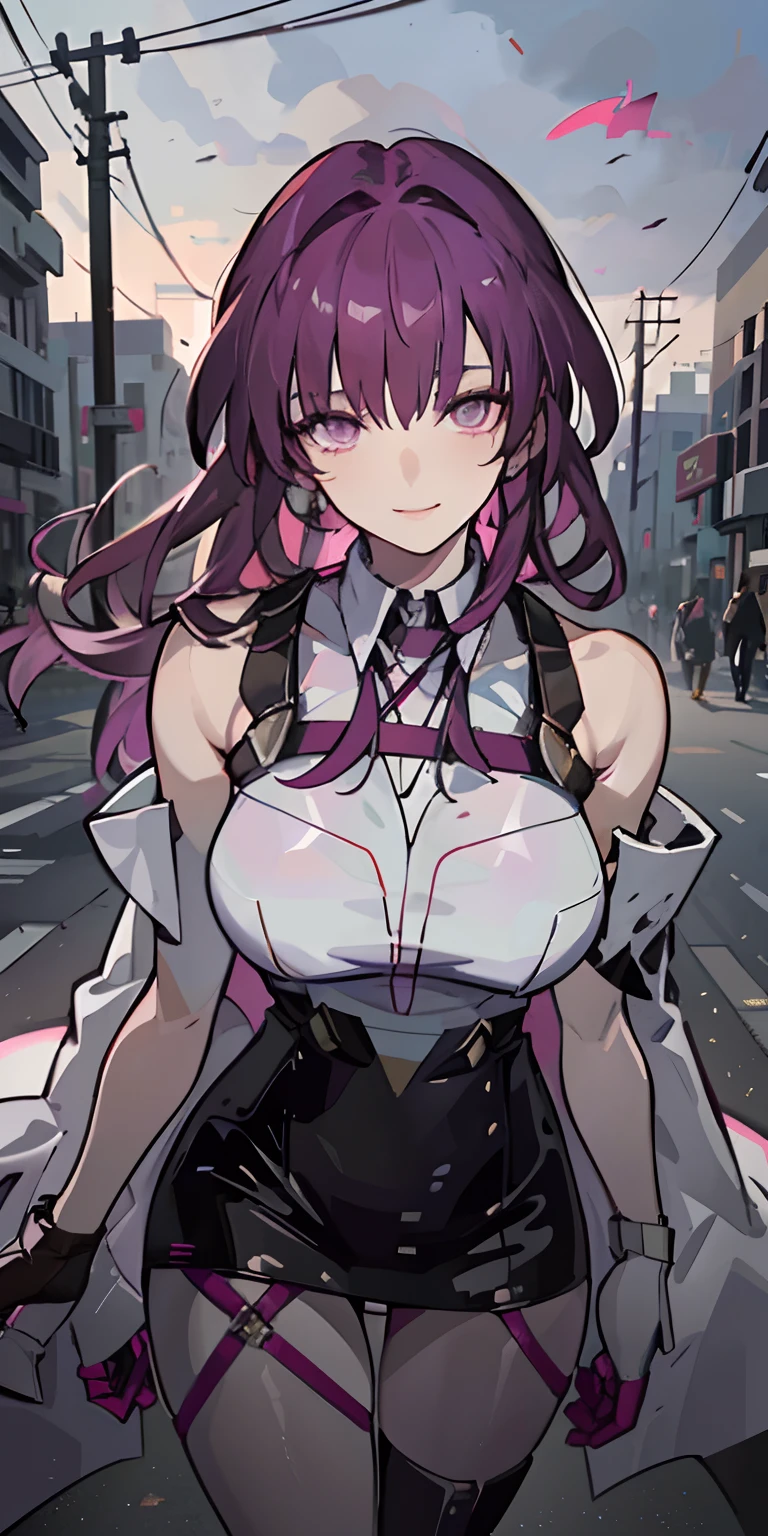 Anime girl with purple hair and white shirt walking down the street -  SeaArt AI