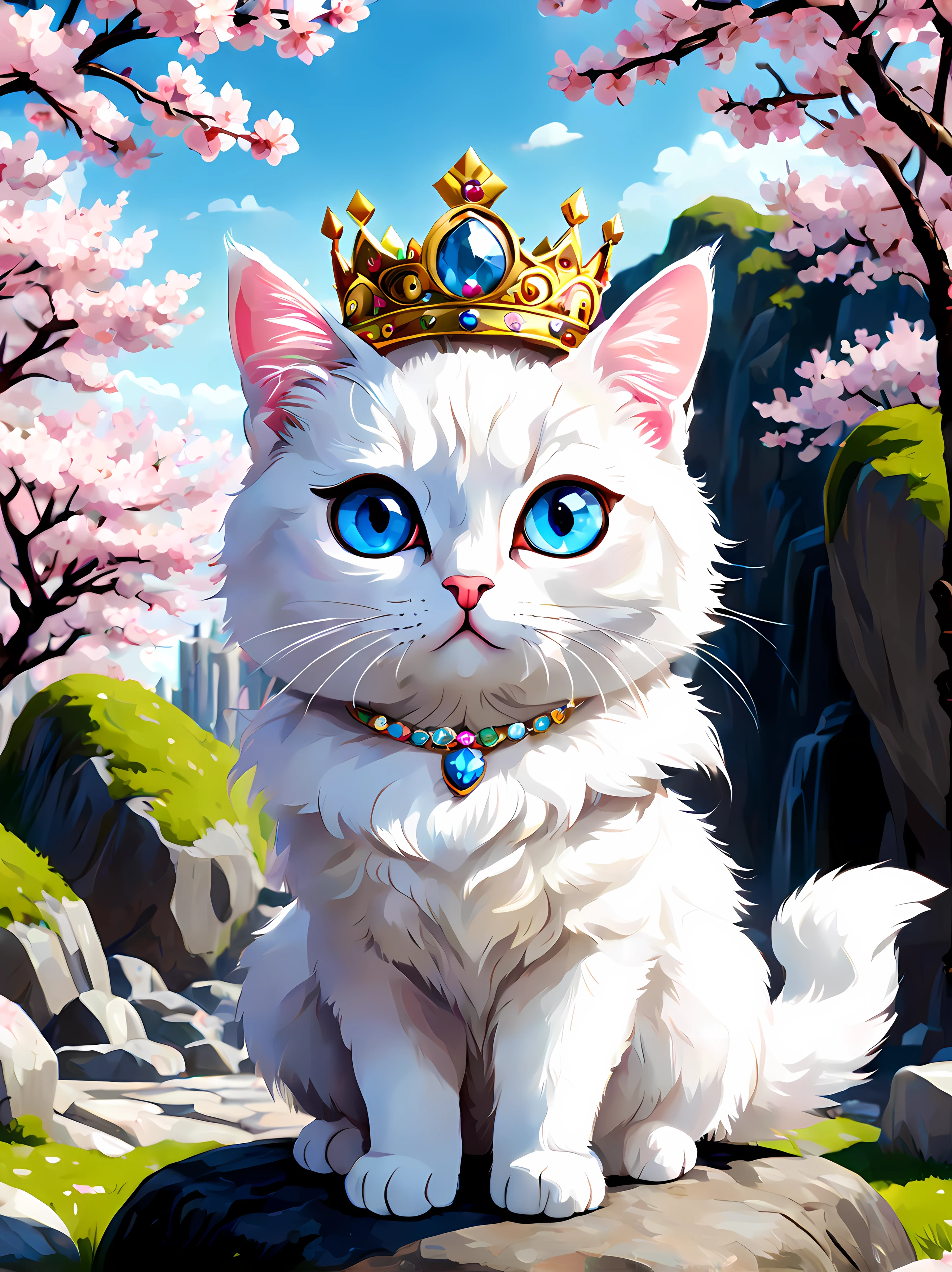 Cute Cartoon, CuteCartoonAF, sticker, (cute cartoon style:1.3), (solo:1.3), adorable white (cat) (vivid big eyes) (((looking at the viewer))), ((wearing jeweled crown)), (wearing noble cloak), (sitting on a rock), cherry blossom park, urban street background, masterpiece, 4k, highly detailed, shiny, (divine) ((cat)) with blue eyes, stickers