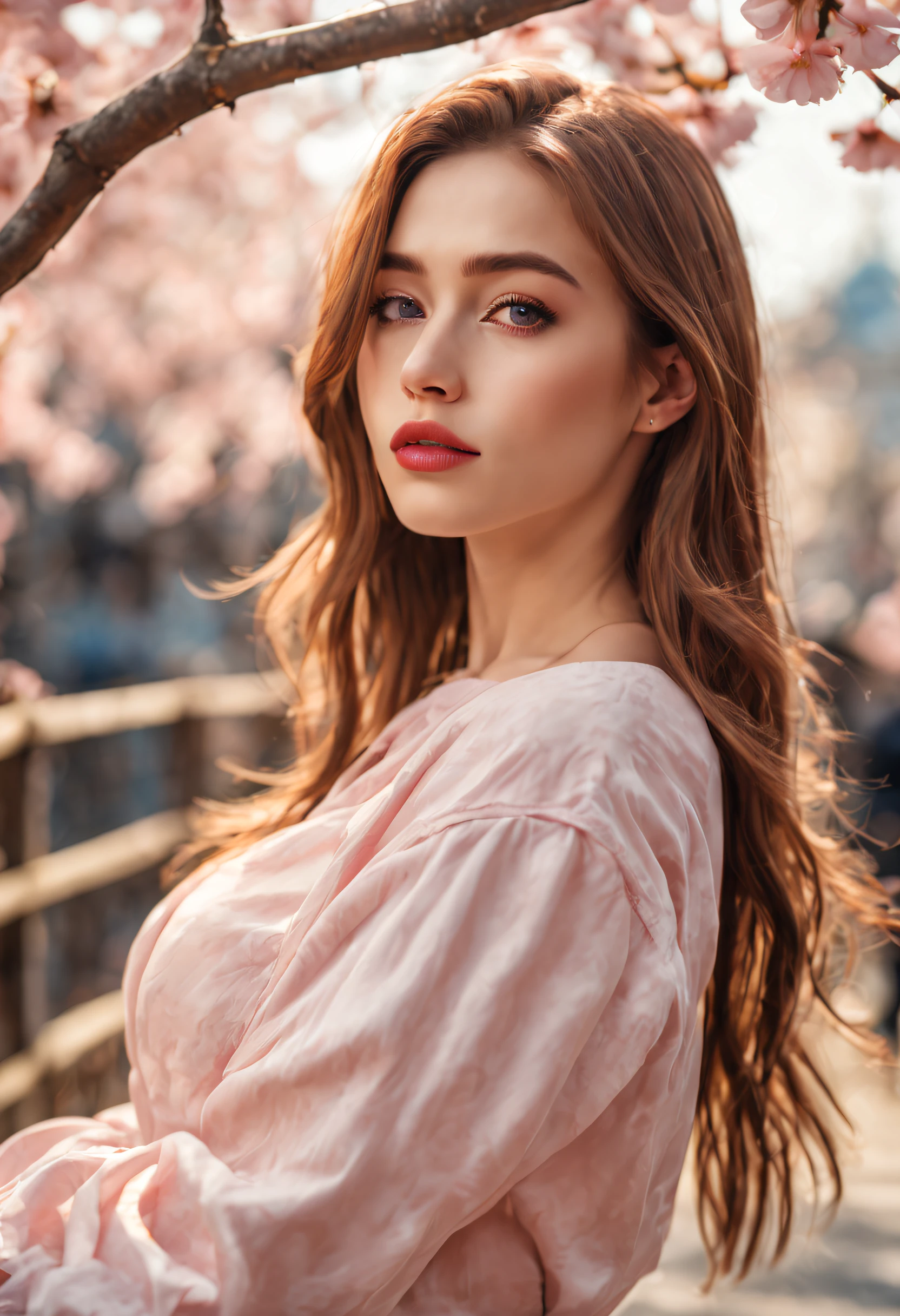 (best quality,4k,8k,highres,masterpiece:1.2),ultra-detailed,(realistic,photorealistic,photo-realistic:1.37),professional photography,portrait,beautiful detailed eyes,beautiful detailed lips,gorgeous young woman,dressed in trendy clothes,street photography,cityscape background,cherry blossom tree,blooming pink flowers,soft sunlight,subtle bokeh,vivid colors,youthful aesthetic,aesthetic photography