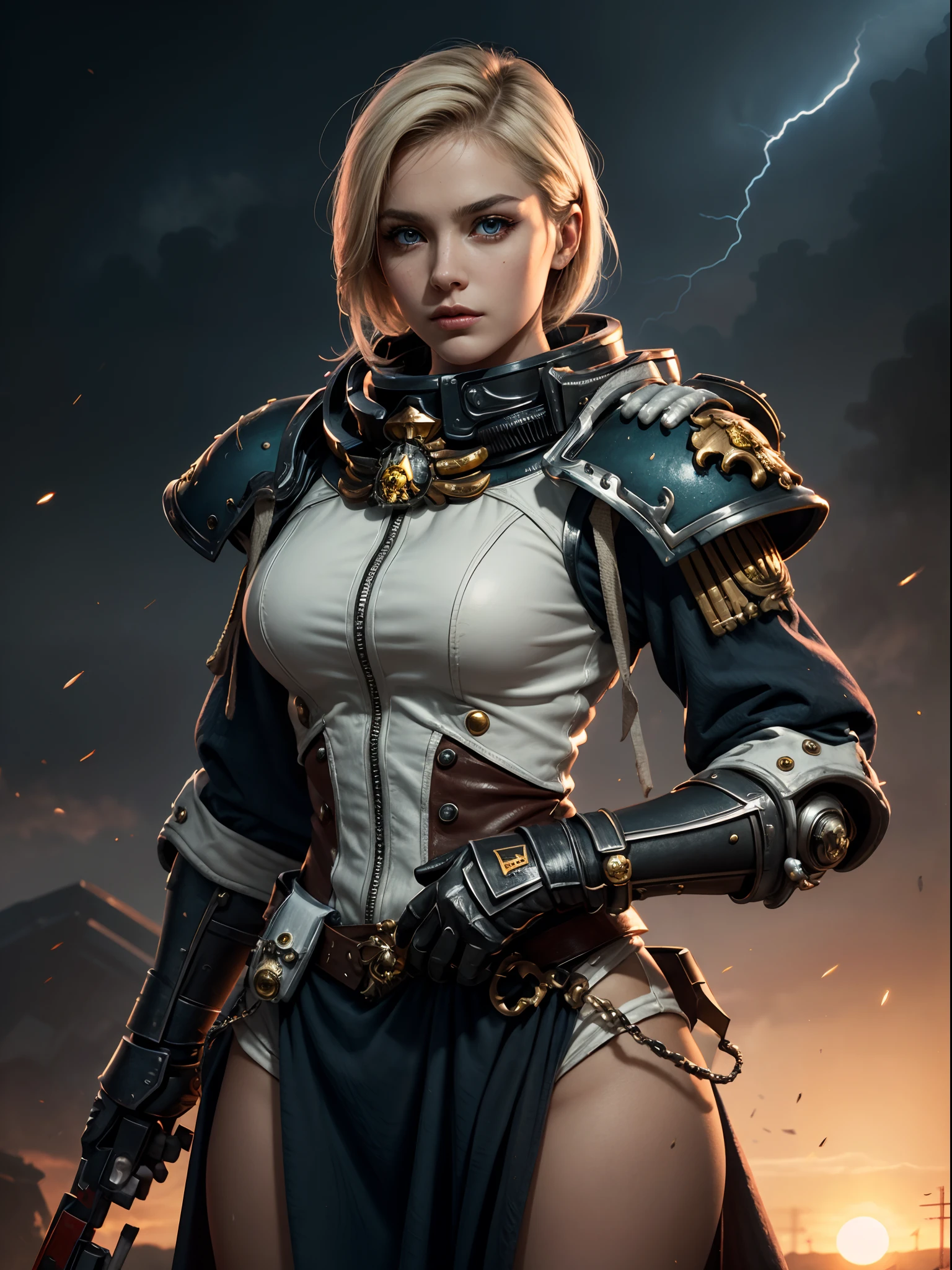 (​masterpiece), (top-quality), sunset, natural lights, ,(realistic:1.5), stunningly beaufiulf girl as a sisters of battle, warhammer 40k, bulky futuristic armour, space marine, (adepta sororitas:1.2) (complet scenario), eyebrow piercing, hazel eyes, blonde hair, punk hair, tanned, dark skin, precise hands, confident look、determined expression, futuristic, sci-fi,, dynamic pose, Clear eyes, Shining eyes,, ultra-definition, Top resolution,  soft lightning