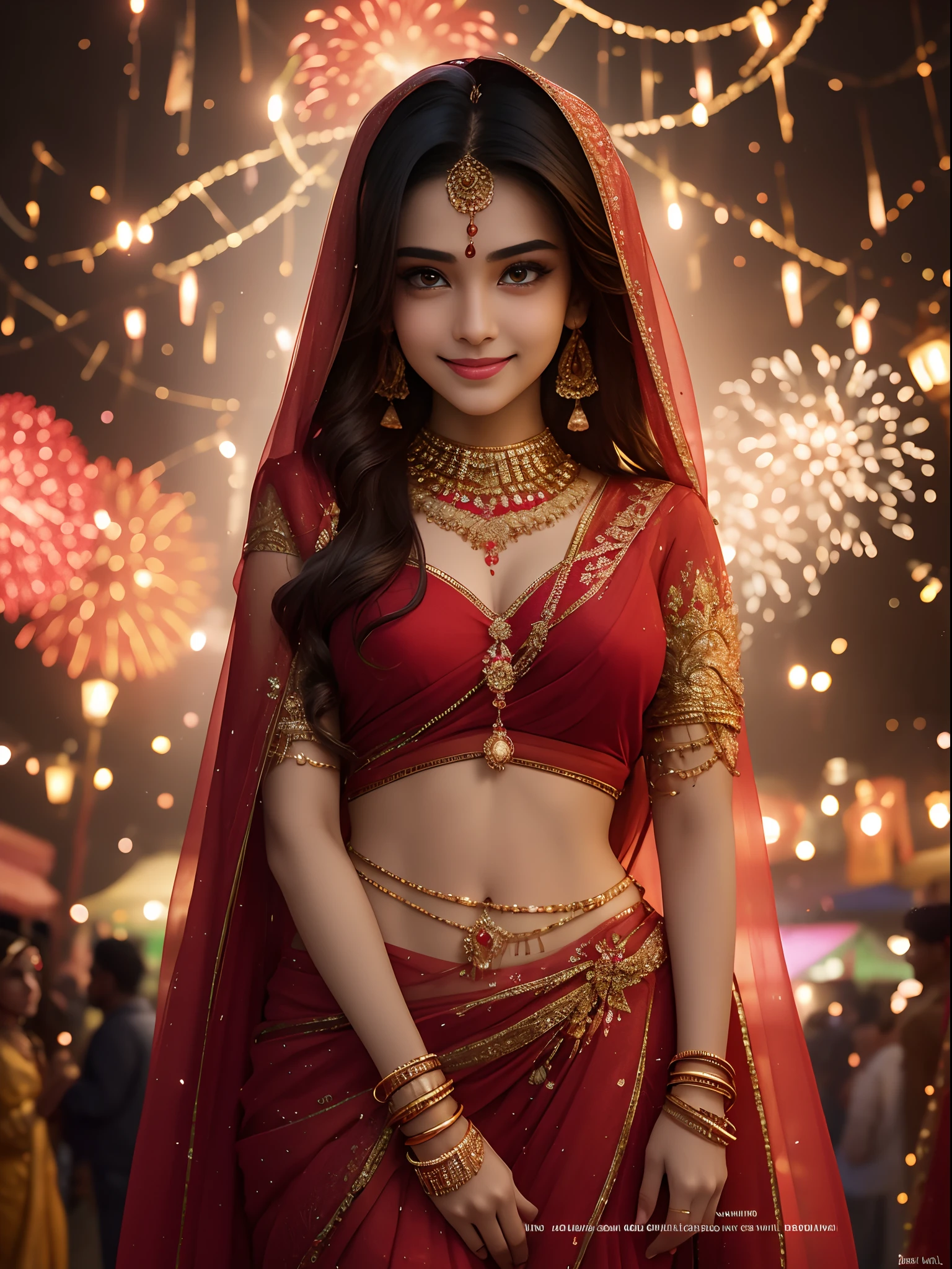 In the enchanting glow of Diwali, the streets come alive with a kaleidoscope of lights and the rhythmic flicker of earthen lamps. Amidst this magical splendor, a mesmerizing sight awaits. A resplendent young woman, draped in a vibrant red saree, stands as the epitome of grace and elegance. The intricate details of her ensemble shimmer softly, reflecting the warm hues of the festive lights around her and fireworks in the sky, With each step, she brings an aura of joy and celebration, her presence illuminating the entire street with a radiance that rivals the brightest fireworks. As she embraces the spirit of Diwali, her infectious smile lights up not only the scene but also the hearts of all who witness her ethereal beauty.