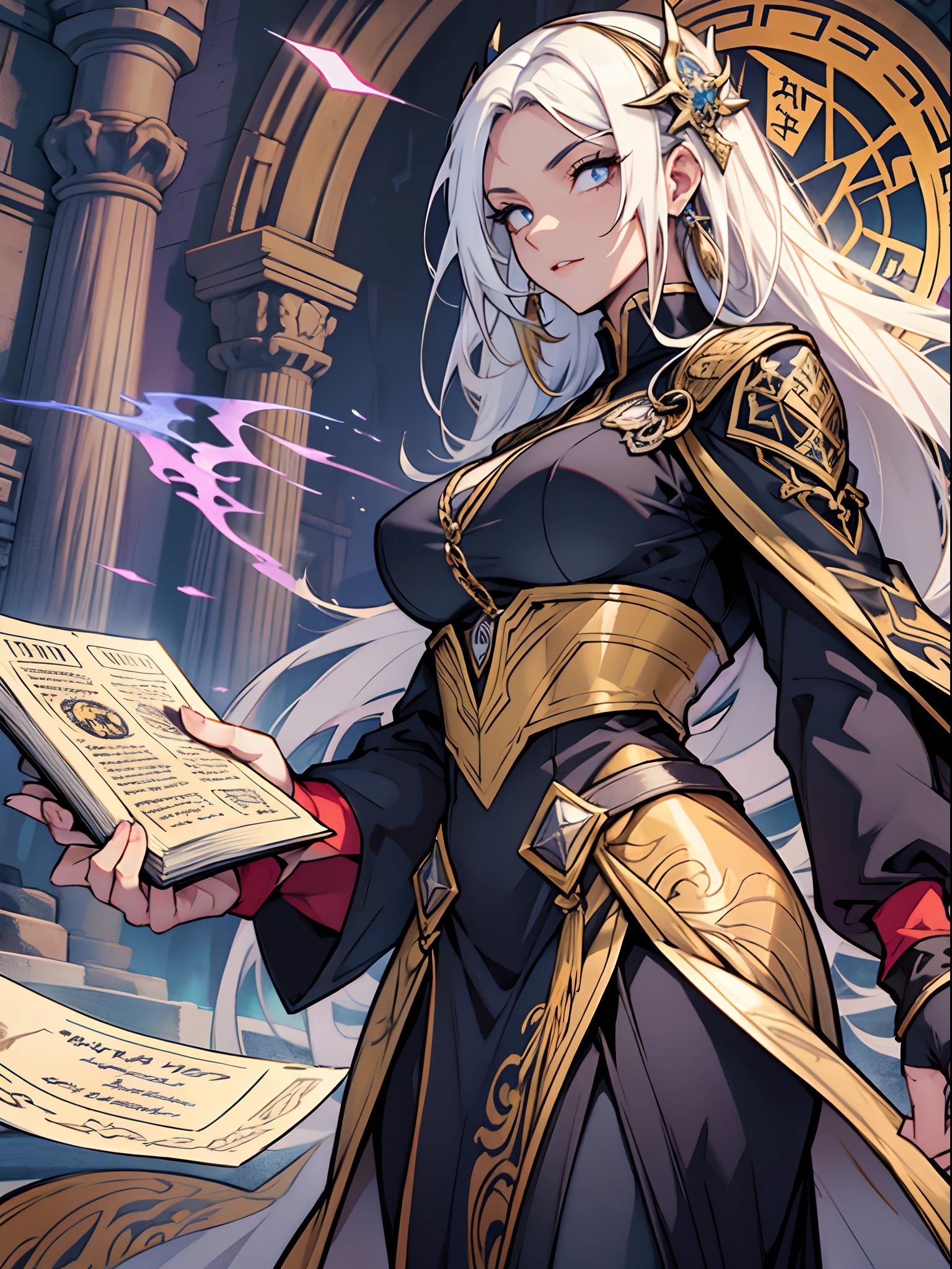 foreground（A female pastor，long slim figure，eyes with brightness，Hold a book，Game characters），Fortune telling screen 40%，Background with（Spectacular castle）