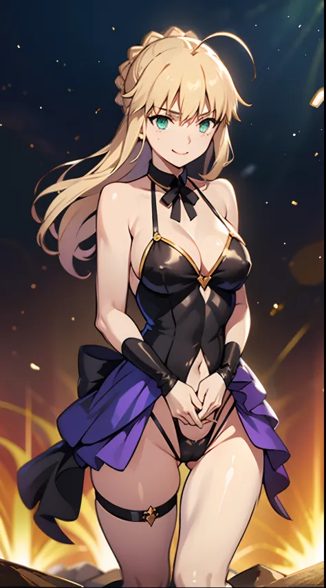NSFW、（masutepiece、of the highest quality、Best Quality、Official art、Beautiful CG,）artoria、Colossal tits、Photorealsitic、（Rolling eyes:1.5）、masturbation、Smile embarrassedly、heart mark、NSFW、Vegas Casinos、Slingshot swimsuit、Navel costume、neck tie、tights