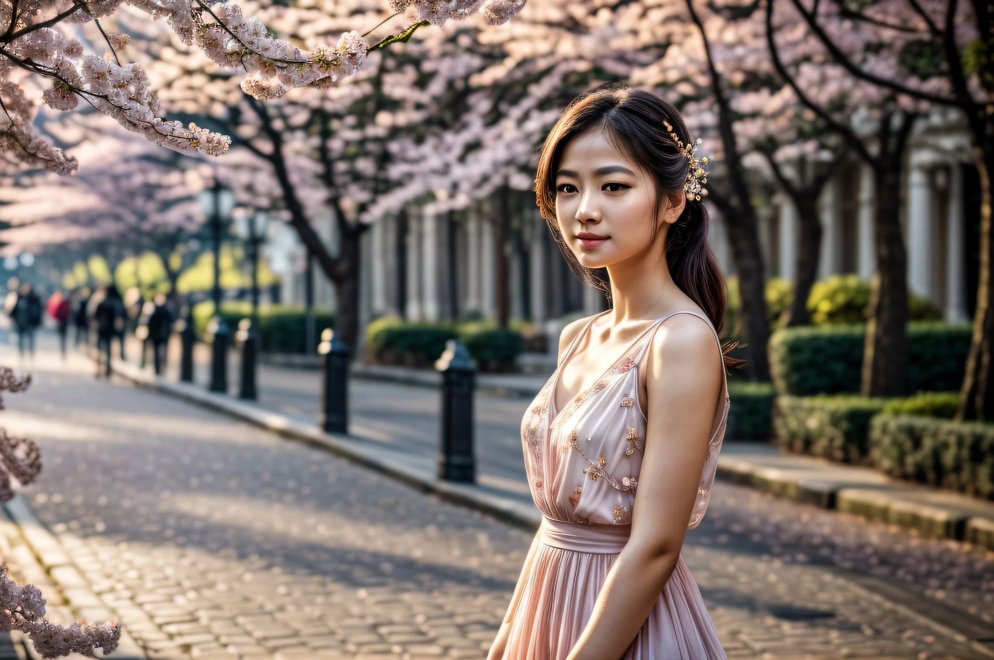 (best quality, 4k, 8k, high resolution, masterpiece: 1.2), ultra-detailed, (realistic, photorealistic, photorealistic: 1.37), professional, portrait, beautiful young woman, full body, cherry blossom, city street, light soft sun, delicate petals, vibrant colors, film grain, fashionable outfit, candid pose, artistic aesthetics, subtle bokeh, serene atmosphere.