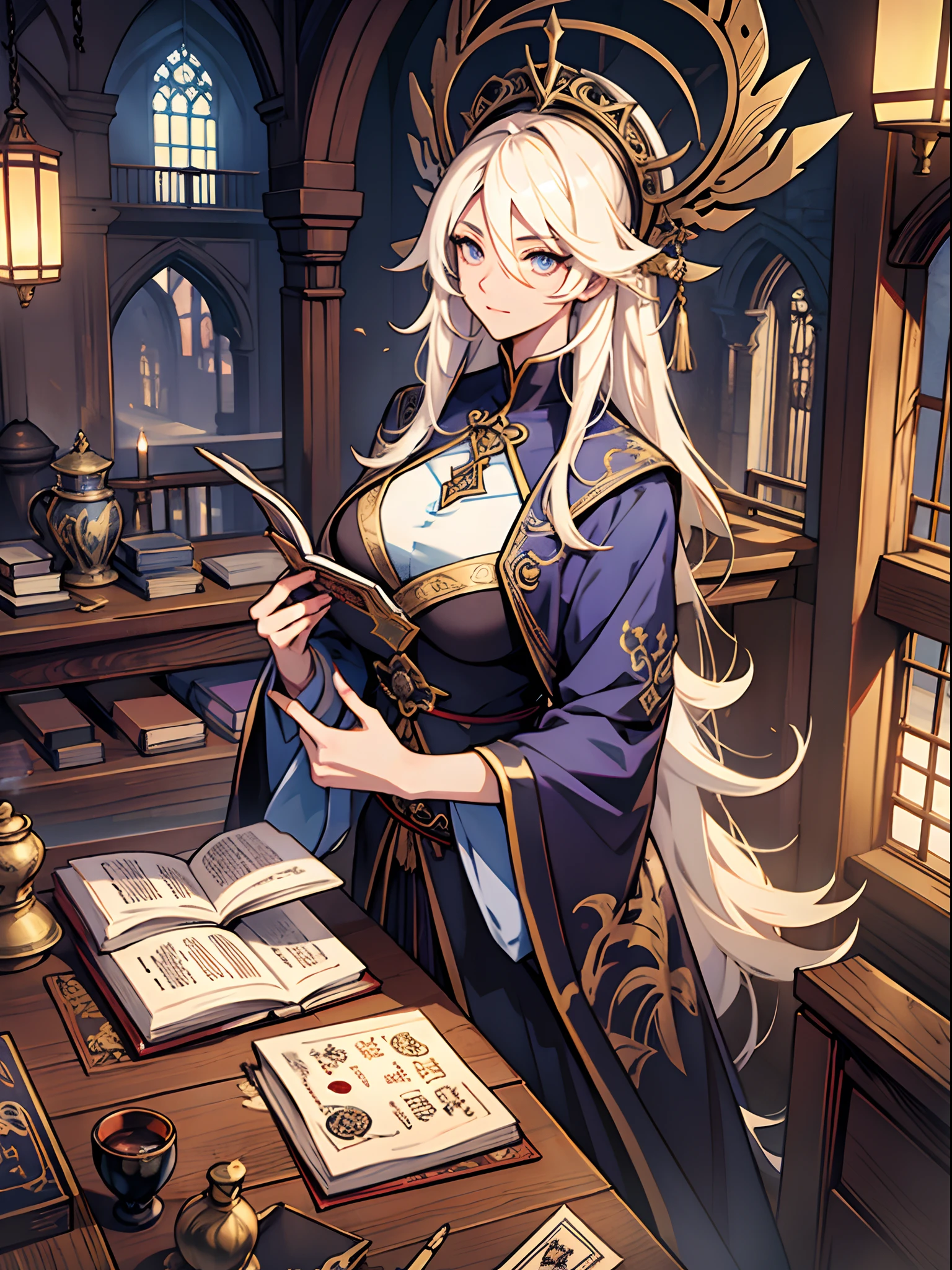 foreground（A female pastor，long slim figure，eyes with brightness，Hold a book，Game characters），Fortune telling screen 40%，Background with（Towering castle，yuki）