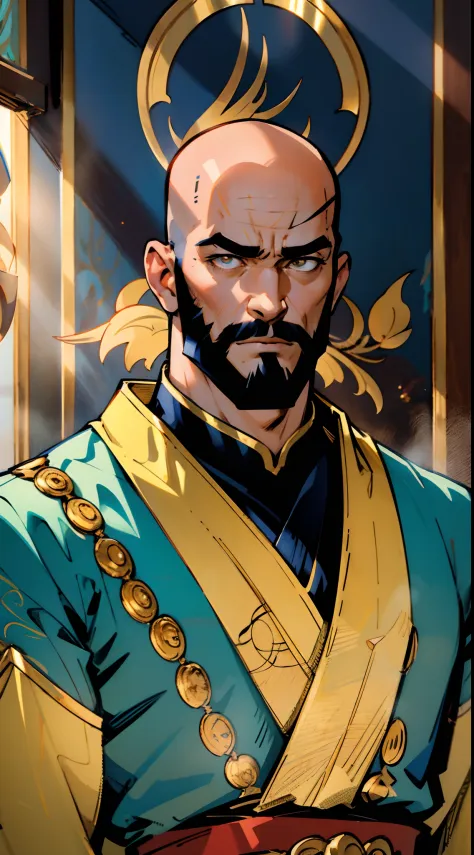 A bald middle-aged man, bold eyebrows, large and round eyes, he has a full beard, flame-shaped war paint on his face, a fantasy-style Chinese robe with intricate silk ribbons and decorations, a light-colored bodysuit, matching trousers, the scene is set in...