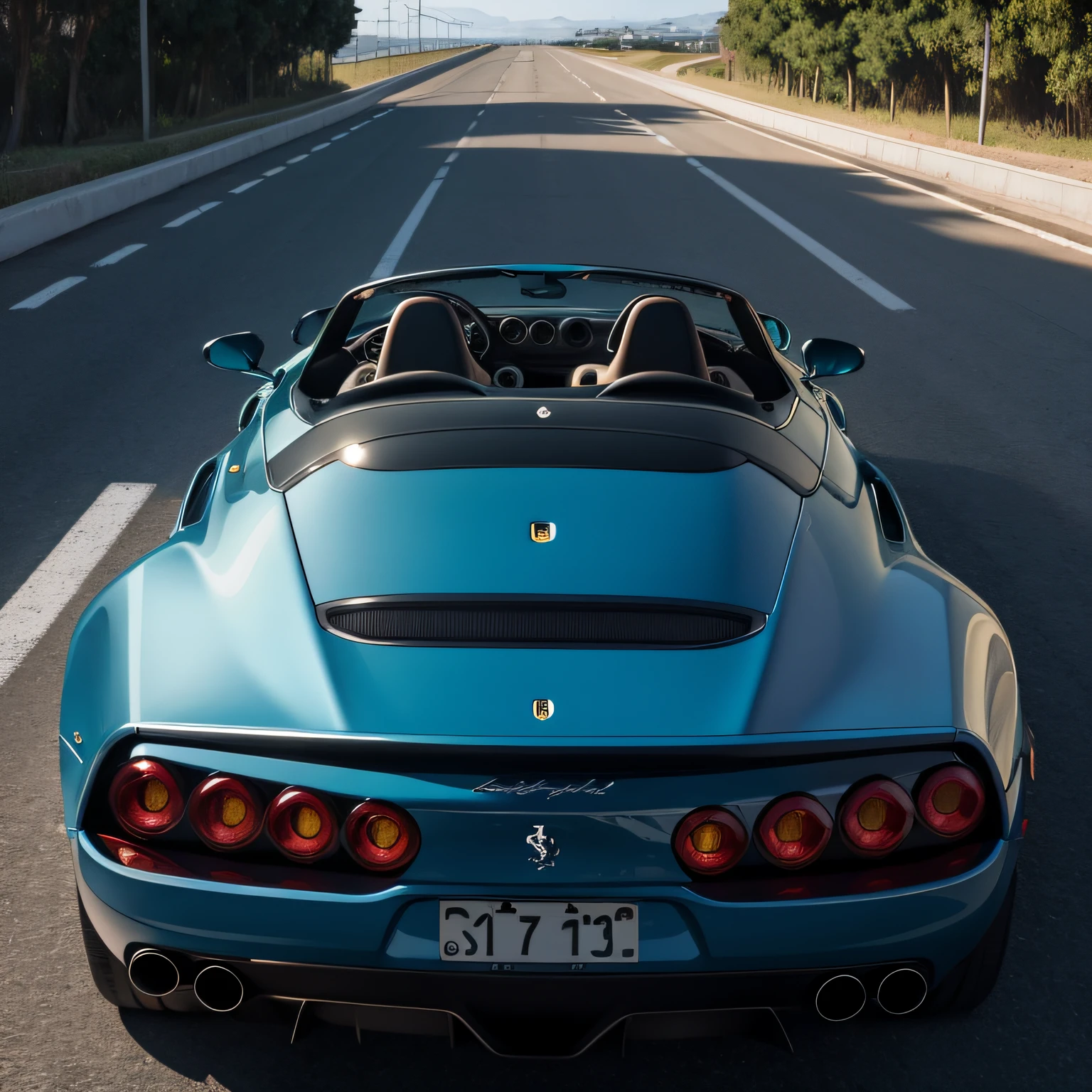 Full, centered photo of a Ferrari Testarossa convertible shiny polished metal color bright blue, a pintura reflete tudo ao seu redor, estilo cyberpunk, cercado de luz neon colorida, roda grossa, roda dourada, detalhes em dourado, Woman in sunglasses driving, neon na pintura do carro, pintura reflexiva que reflete tudo ao seu redor, farol detalhado, farol muito detalhado, as detailed as possible, hiper-realistic as realistic as possible, melhor qualidade, RAW, obra-prima, foto super fina, melhor qualidade, super high res, fotorrealista, luz solar, enquadrando o carro inteiro na foto, incrivelmente bonito,, dinamic pose