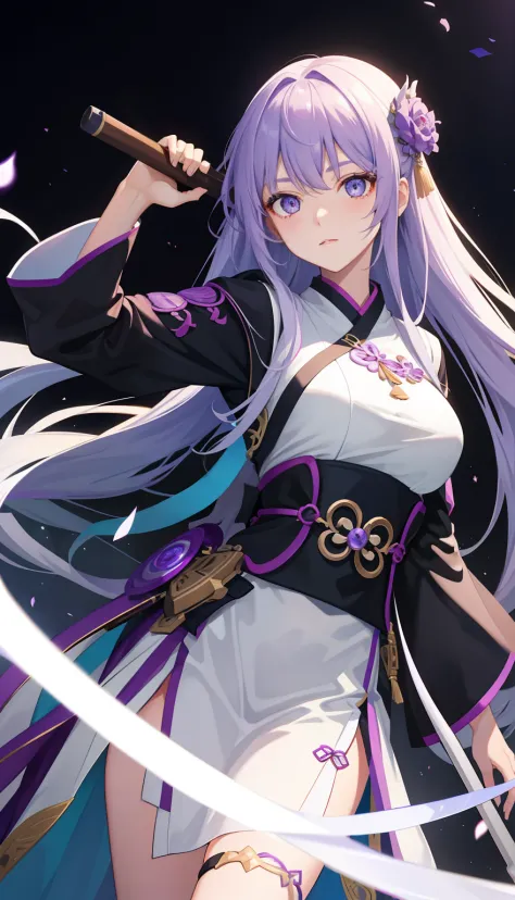 girl in a、Purple hair big breasts、Heterochromic pupils、Armed with a long-handled weapon、Hanfu、Iceberg beauty