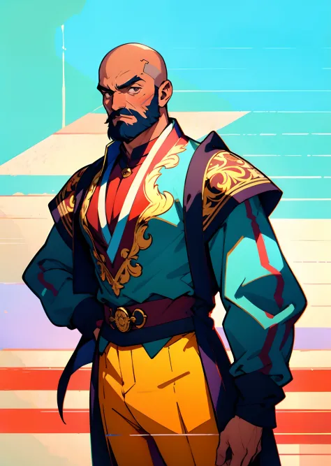 A bald middle-aged man, bold eyebrows, large and round eyes, he has a full beard, flame-shaped war paint on his face, a fantasy-style Chinese robe with intricate silk ribbons and decorations, a light-colored bodysuit, matching trousers, the scene is set in...