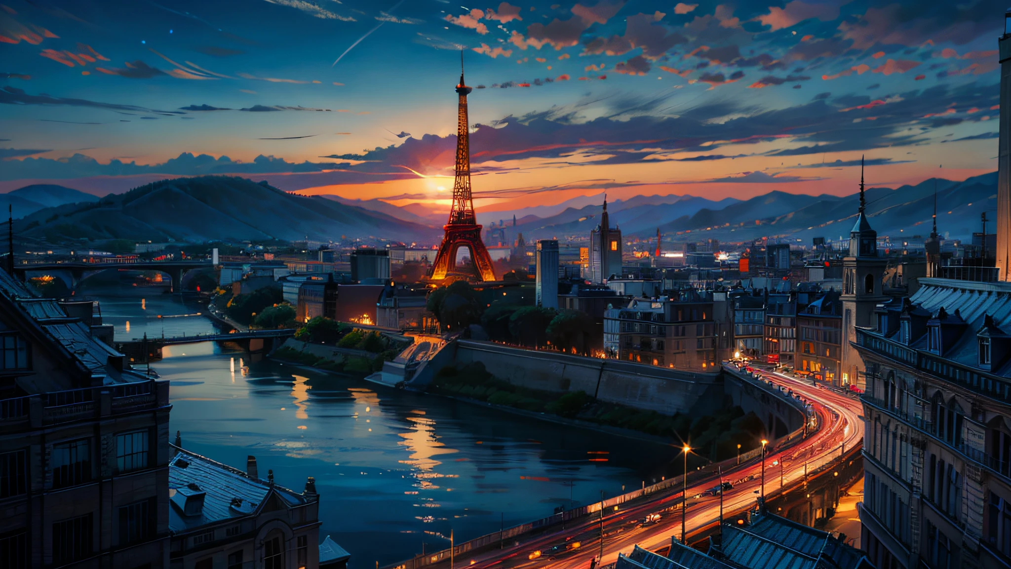 Masterpiece, best quality, sky, sun, clouds, Eiffel Tower, city complex, mountains, rivers, vistas