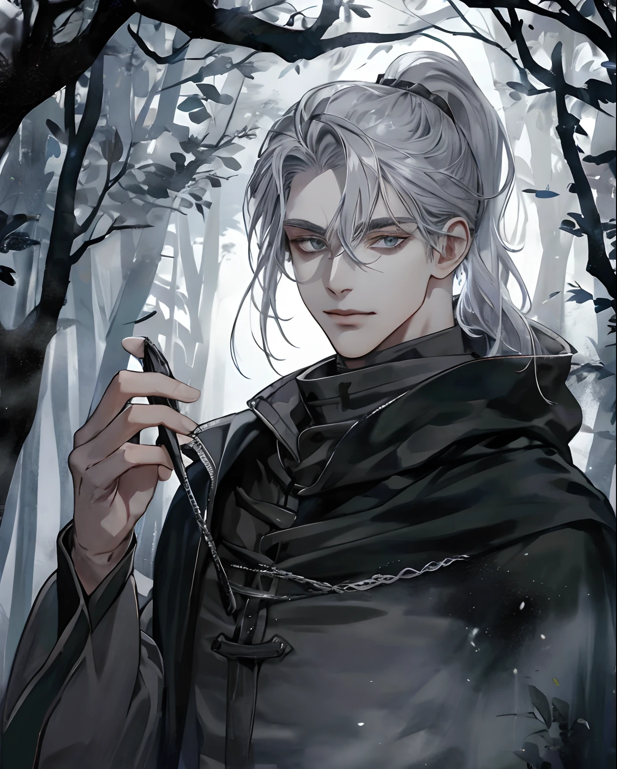 1male, beautiful, silver hair with low ponytail, dark grey eyes, detailed eyes, black cloak, dark sorcerer, rogue mage, alone in a dark forest, depressed, medieval fantasy, blood magic